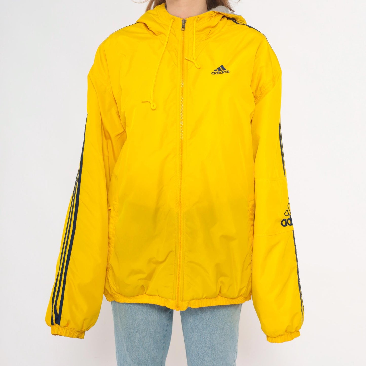 Y2K Adidas Yellow Windbreaker Hooded Jacket Navy Stripe Large L
