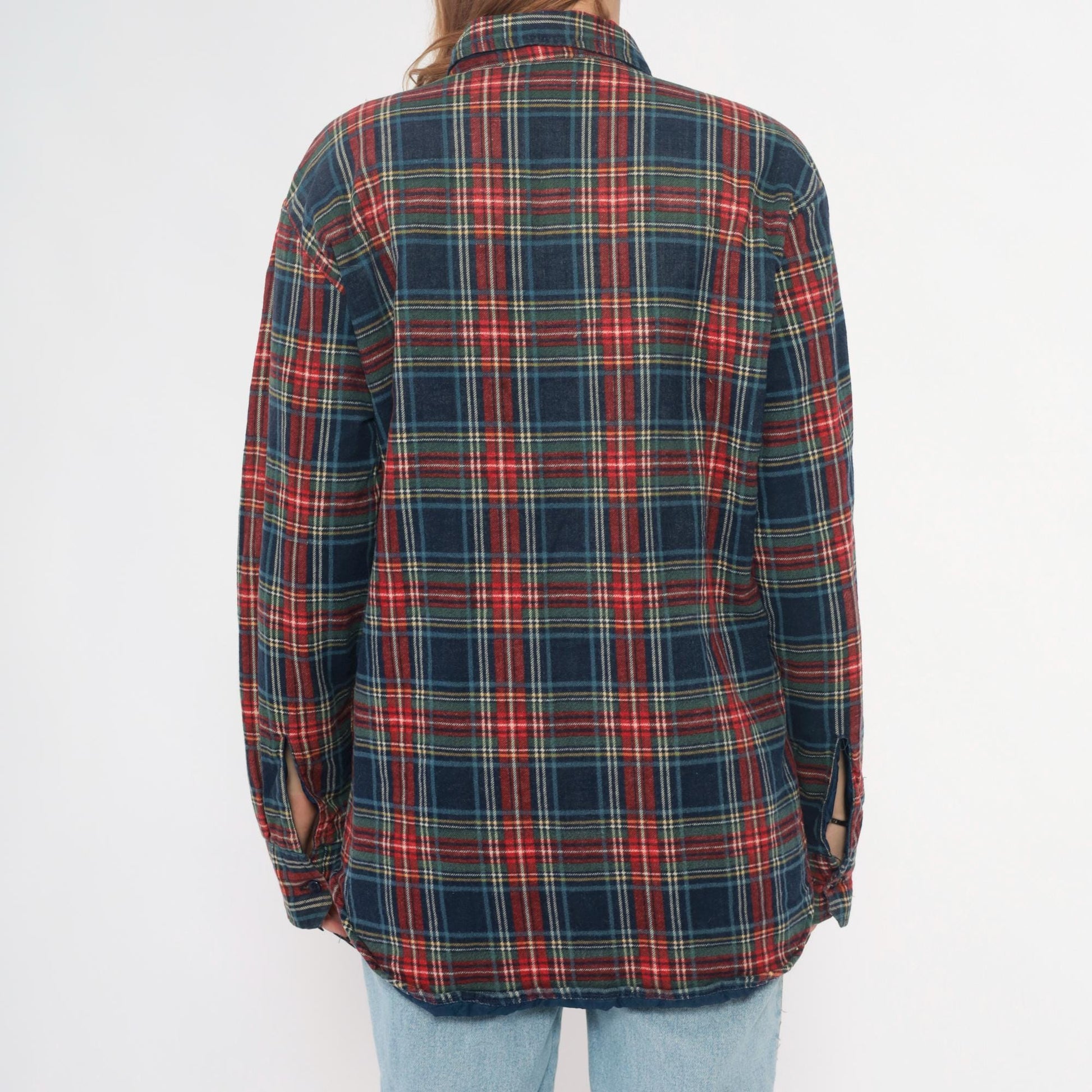 80s Timber Run Plaid Flannel Shirt Navy Red Green Tartan Quilted Medium