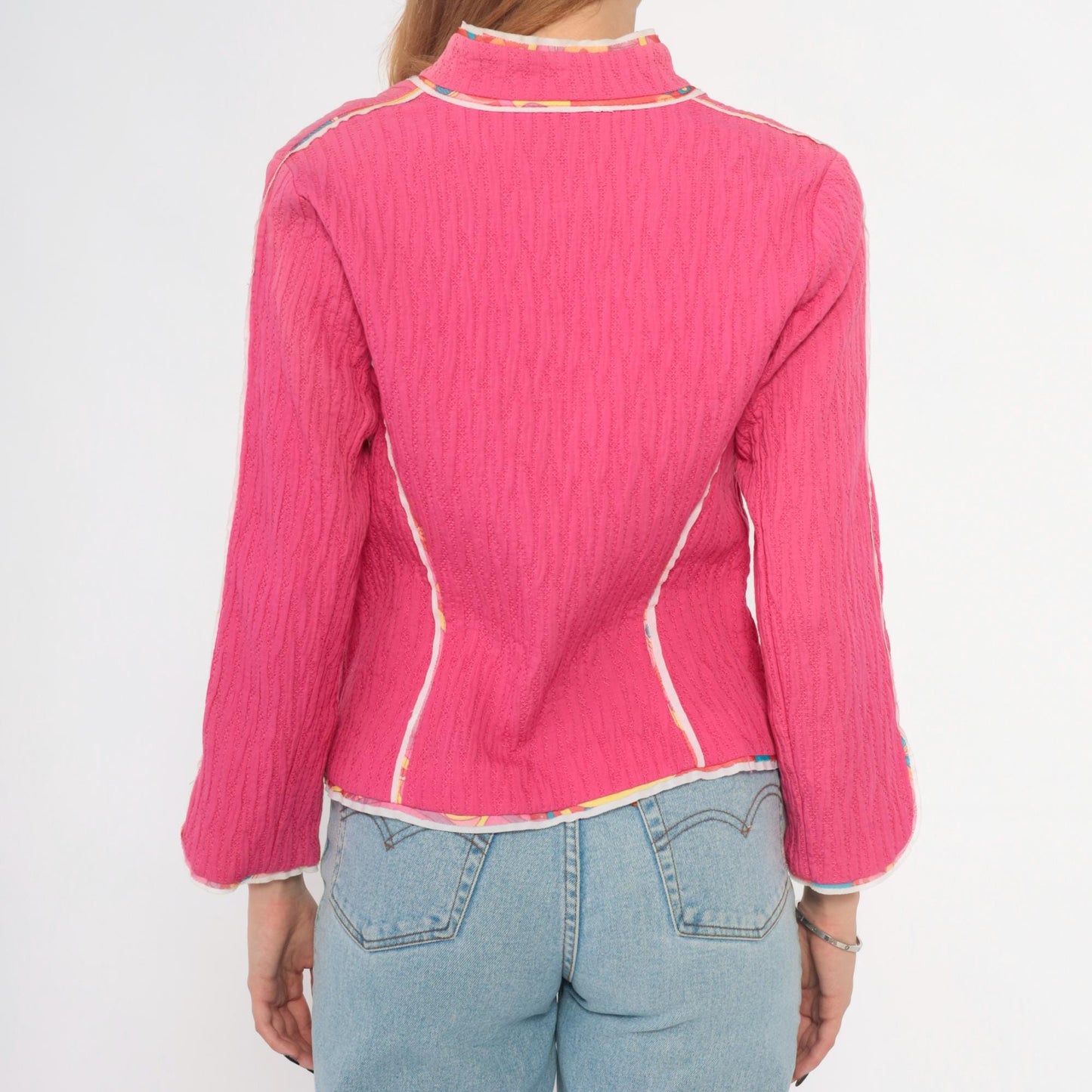 Y2K Canvasbacks Hot Pink Cropped Cardigan Floral Trim Tie Front Medium