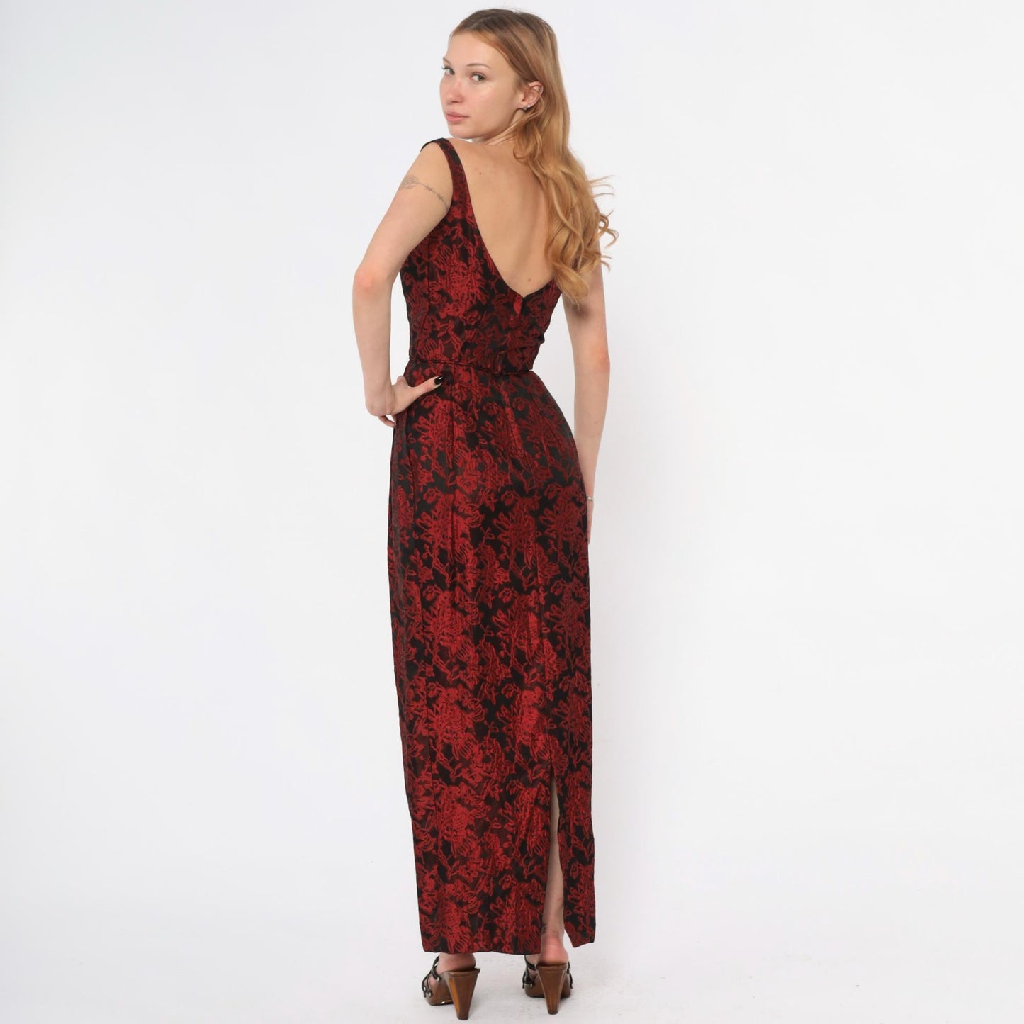 60s Red Black Brocade Empire Waist Evening Gown Floral Jacquard Sleeveless Extra Small