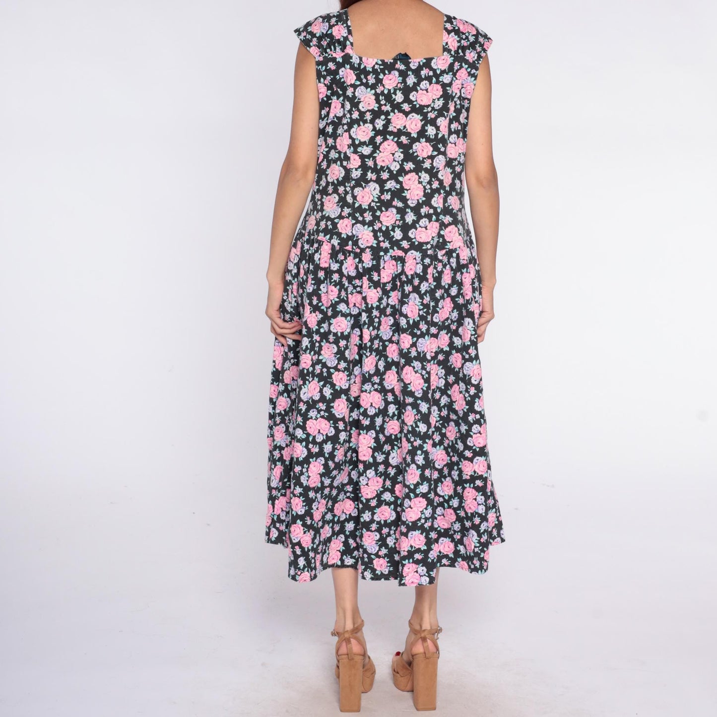 90s Black Floral Midi Dress Pink Rose Lavender Cap Sleeve V-Neck Medium
