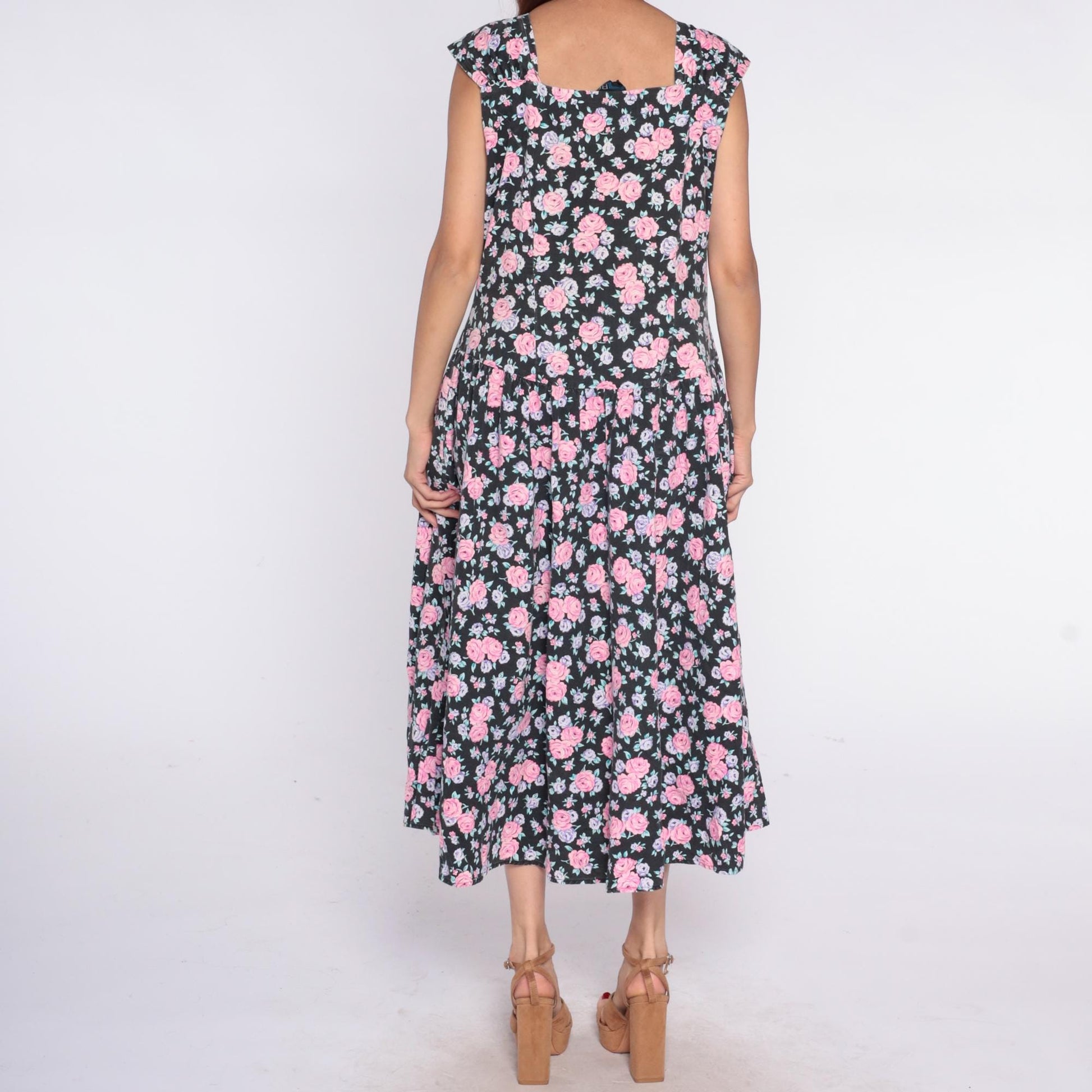 90s Black Floral Midi Dress Pink Rose Lavender Cap Sleeve V-Neck Medium