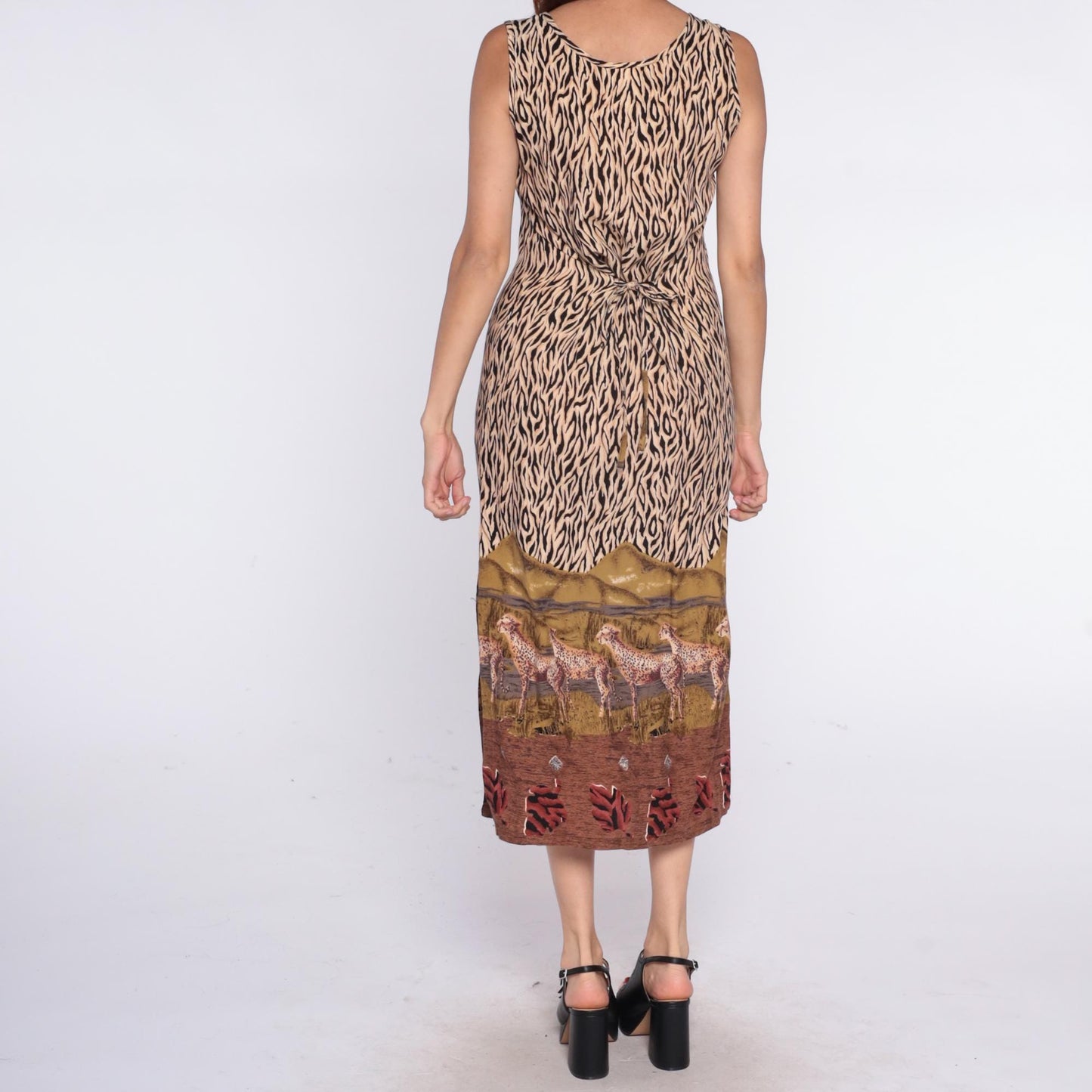 90s California Krush Safari Cheetah Midi Dress Animal Print Cream Medium