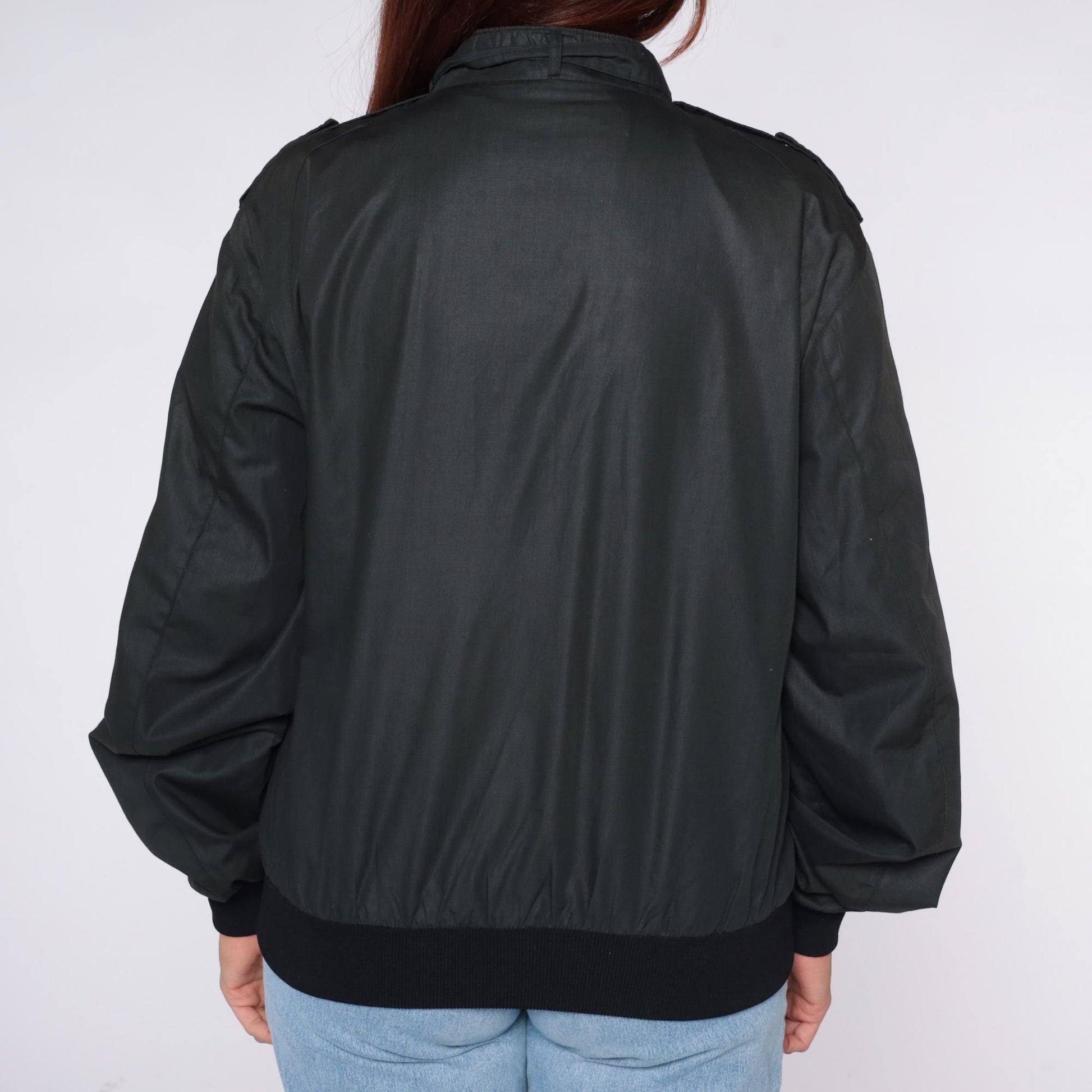 80s Black Bomber Jacket Windbreaker Flight Epaulettes Zip Front Large L