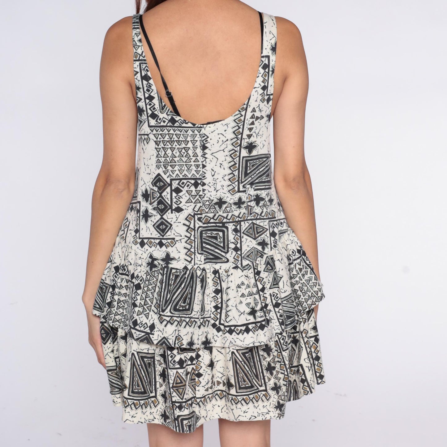 80s Tribal Geometric Mini Dress Black Cream Deep V Tank Sleeveless Medium M