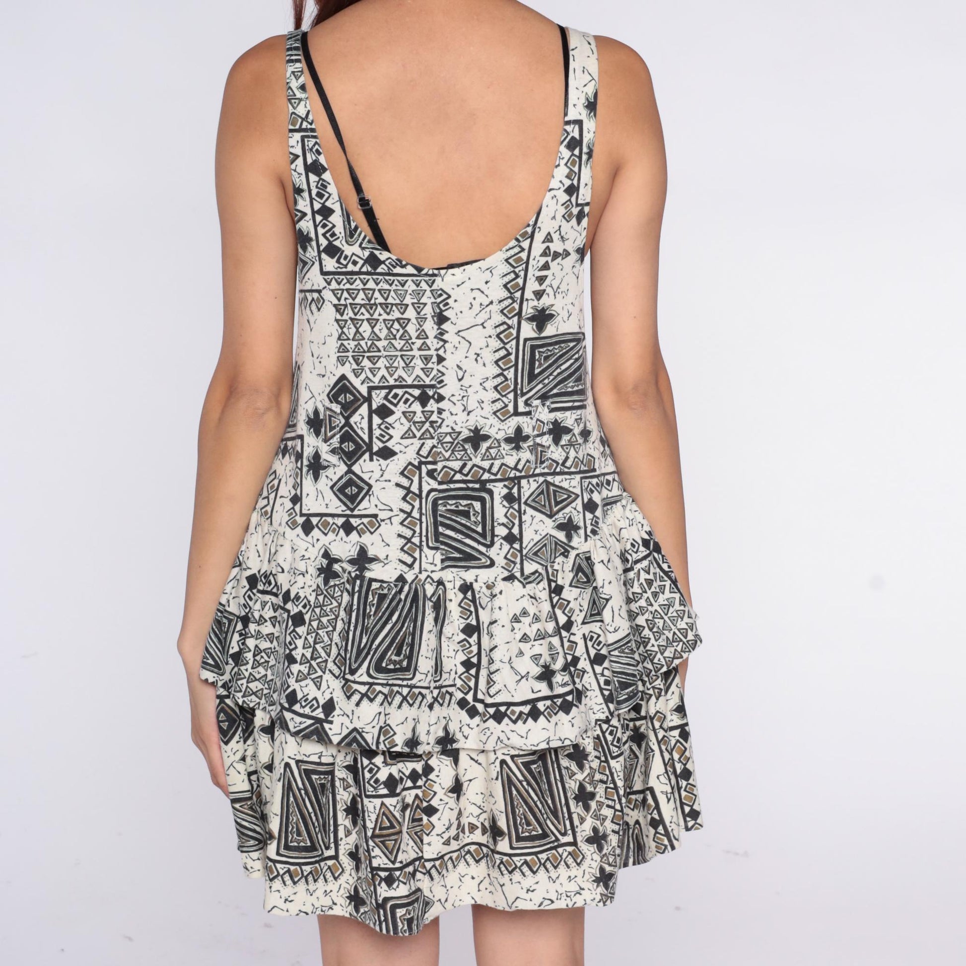 80s Tribal Geometric Mini Dress Black Cream Deep V Tank Sleeveless Medium M