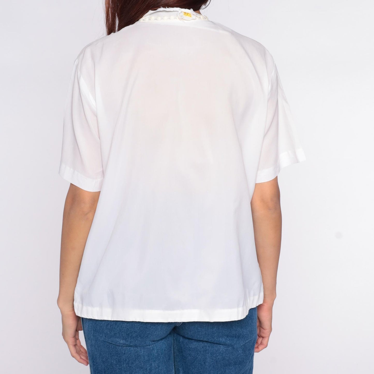 70s La Rose California White Blouse Scalloped Lace Embroidered Button Front Large