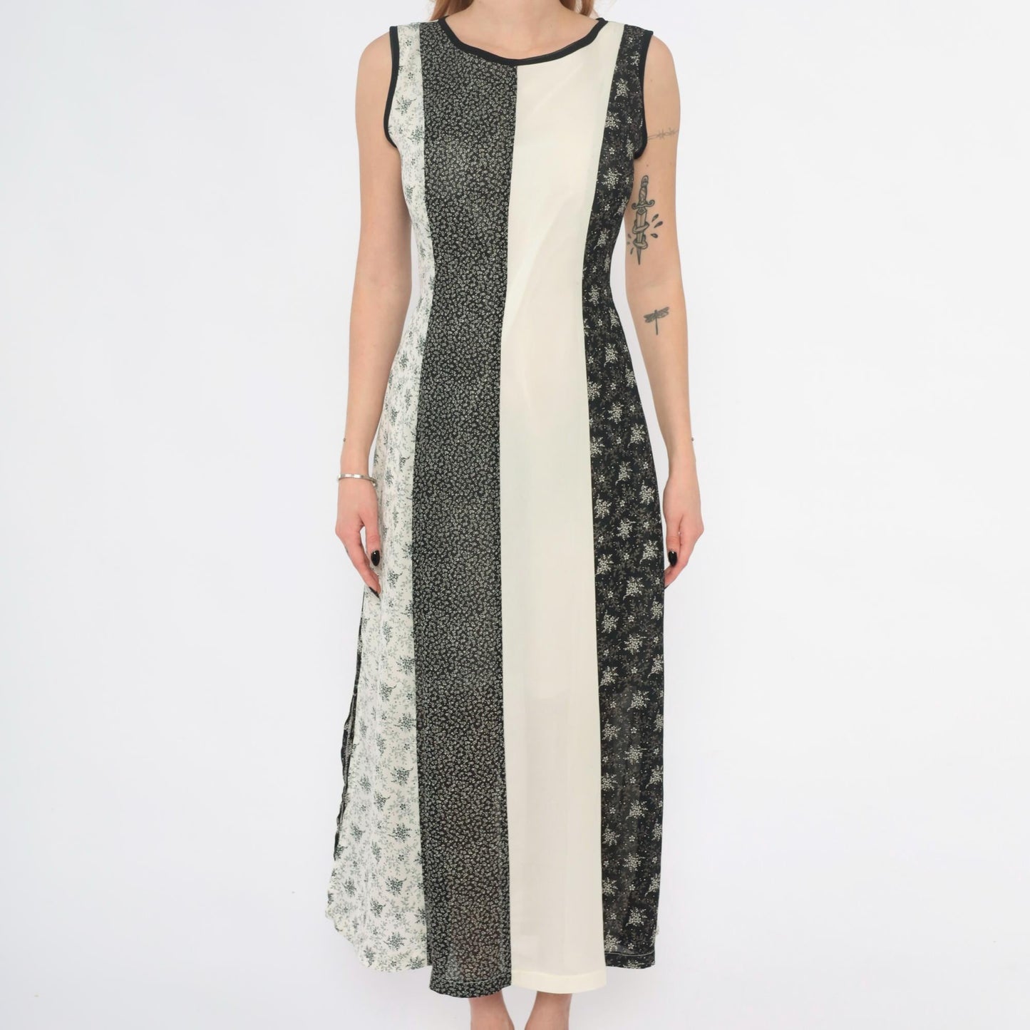Y2K Maxi Dress Black White Floral Striped Tie Waist Sleeveless Medium M