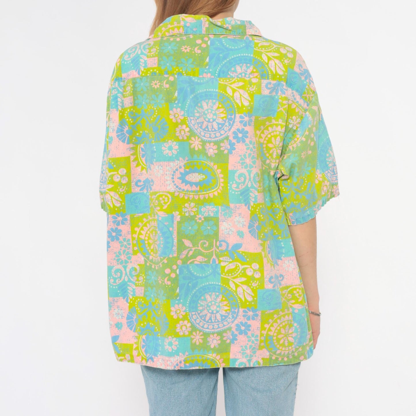 70s Paisley Patchwork Blouse Green Pink Blue Floral Button-Up Extra Large XL