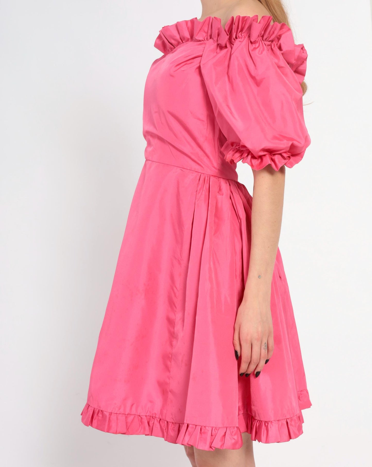70s Hot Pink Off-Shoulder Puff Sleeve Dress Ruffle Hem Extra Small XS