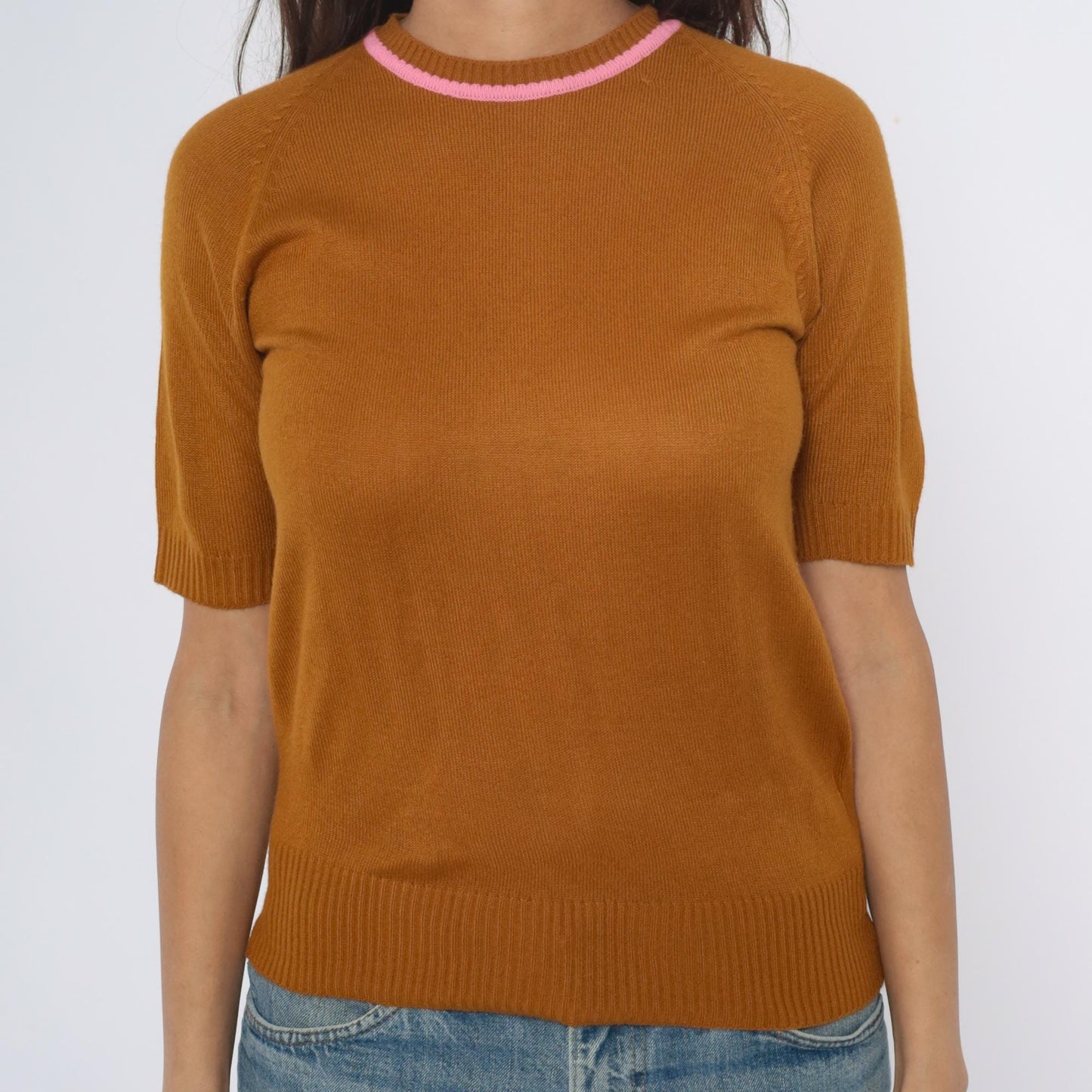 70s Filly Fashion Mustard Knit Sweater Pink Trim Cropped Back Zip Small S