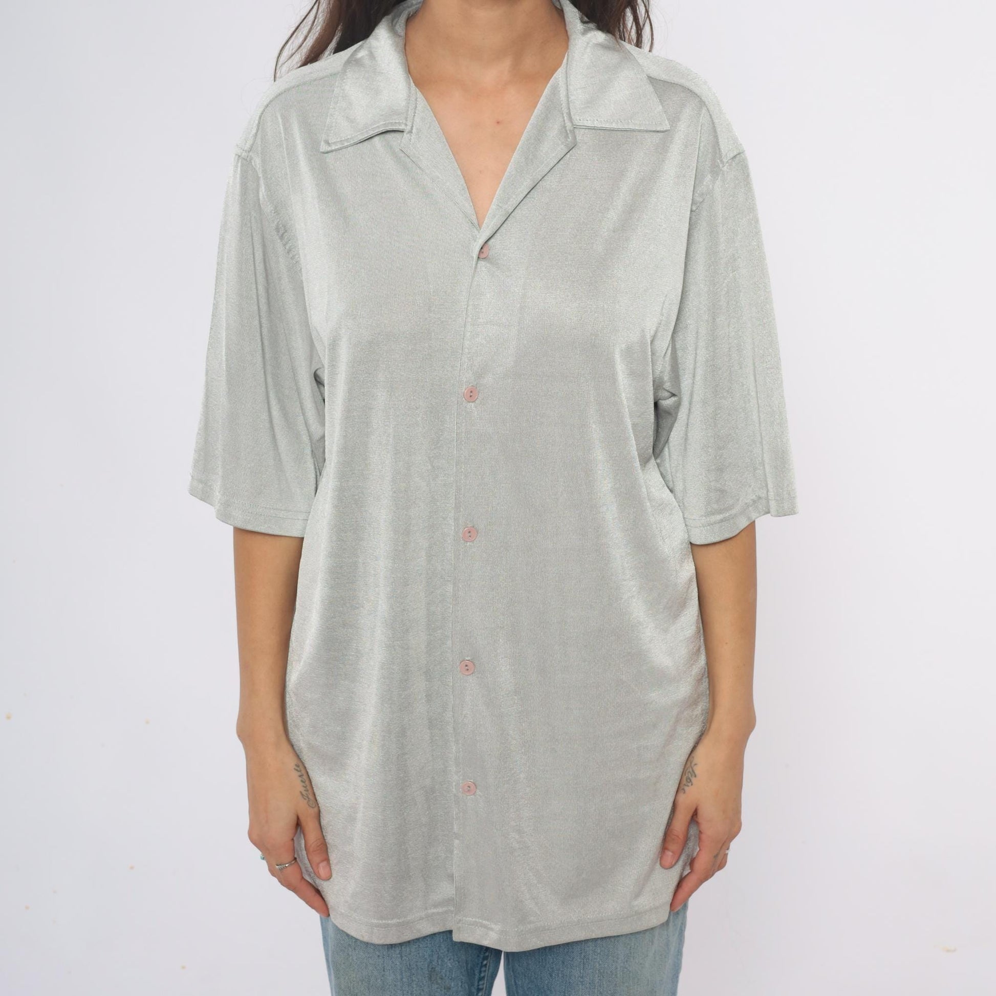 90s Silver Button-Front Tunic Shirt Three-Quarter Sleeve Extra Large XL