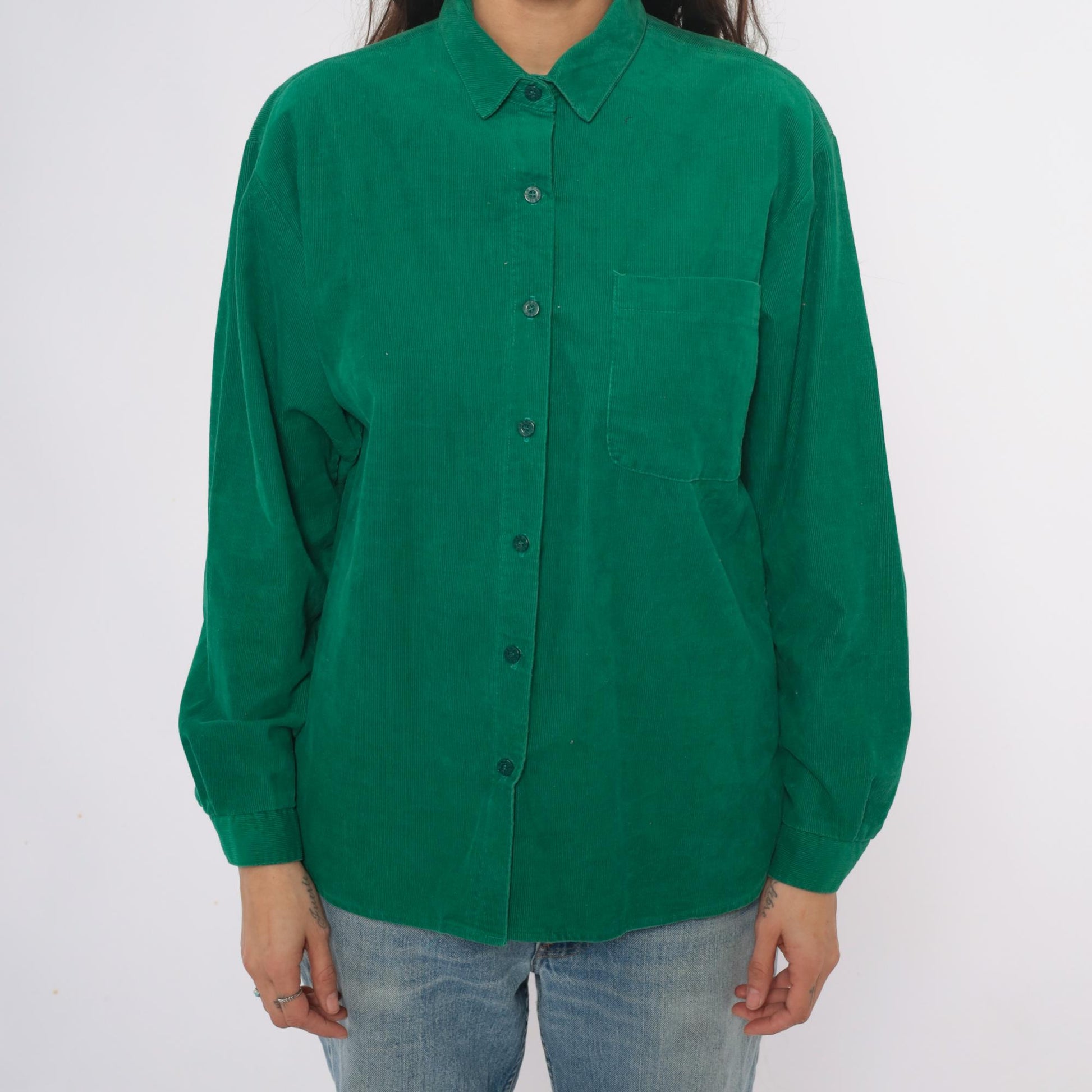 80s Hang Ten Emerald Green Corduroy Shirt Button-Up Long Sleeve Large L