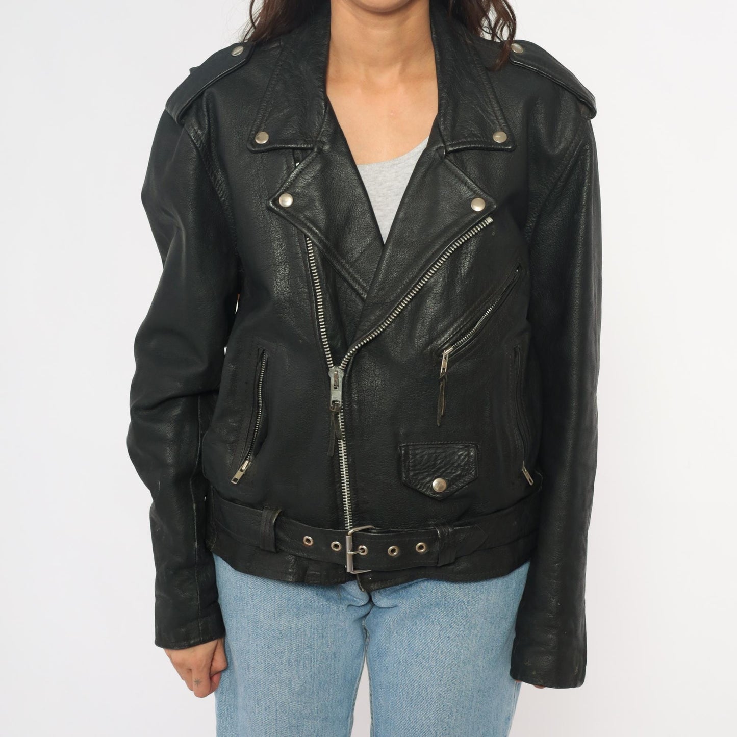 90s Wilsons Leather Black Motorcycle Jacket Belted Zip Silver Hardware Small S