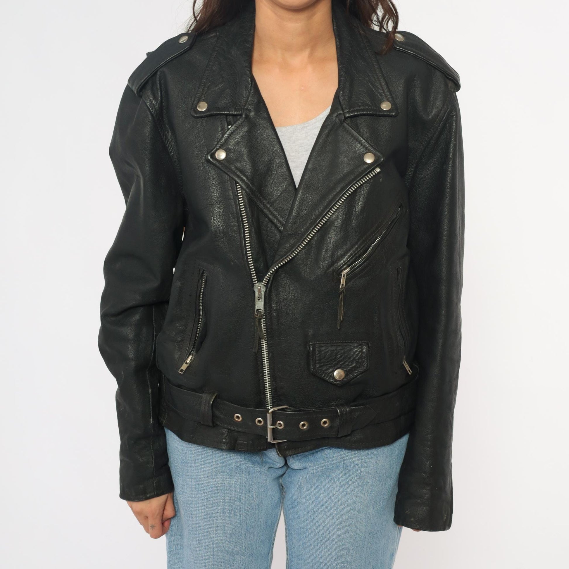 90s Wilsons Leather Black Motorcycle Jacket Belted Zip Silver Hardware Small S