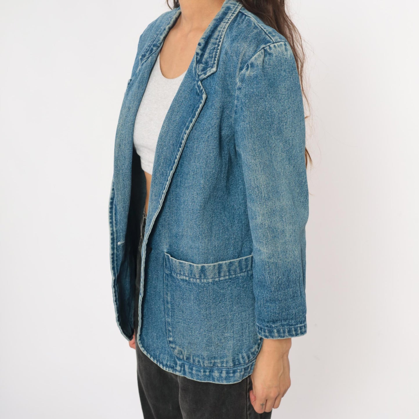 90s Eddie Bauer Denim Blazer Blue Jean Jacket Notched Collar Extra Small XS