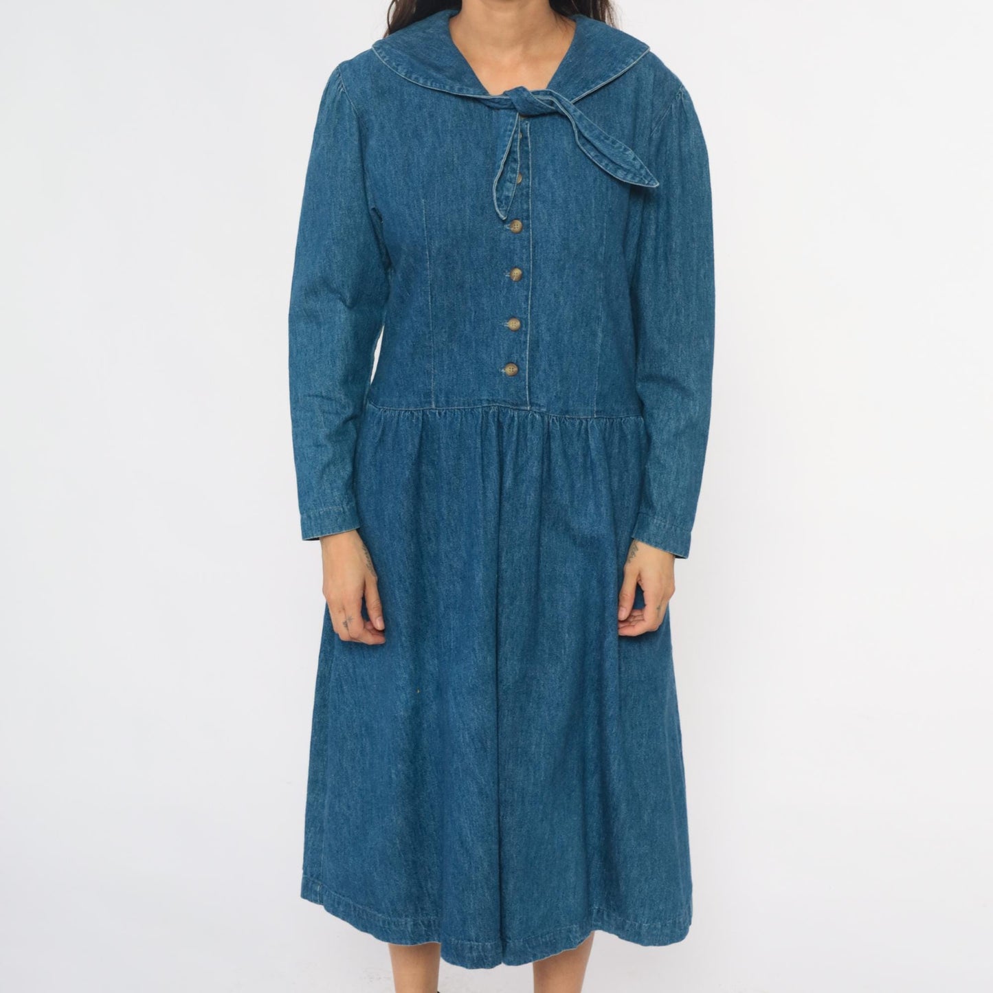 90s All Week Long Denim Shirtdress Blue Cotton Peter Pan Collar Medium