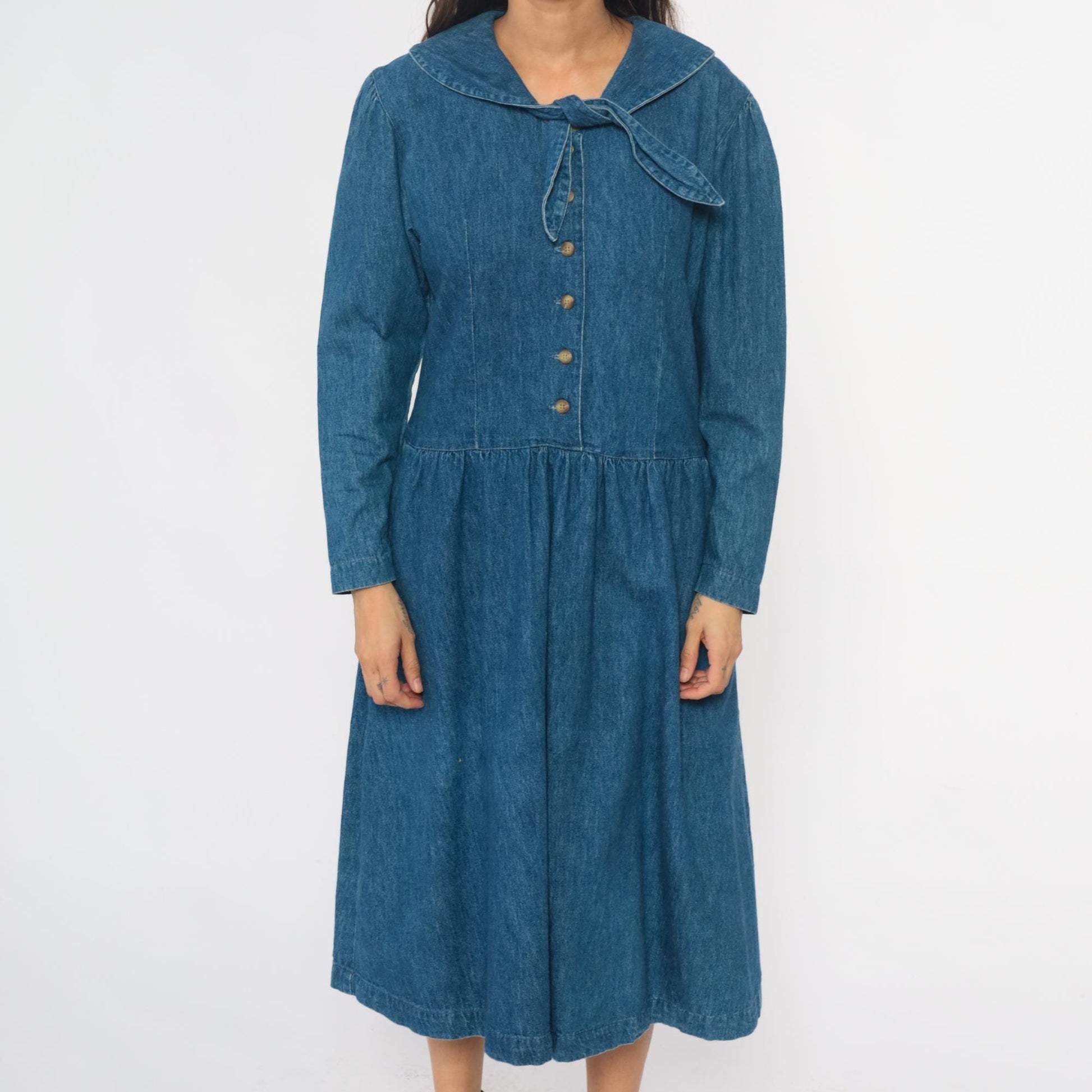 90s All Week Long Denim Shirtdress Blue Cotton Peter Pan Collar Medium