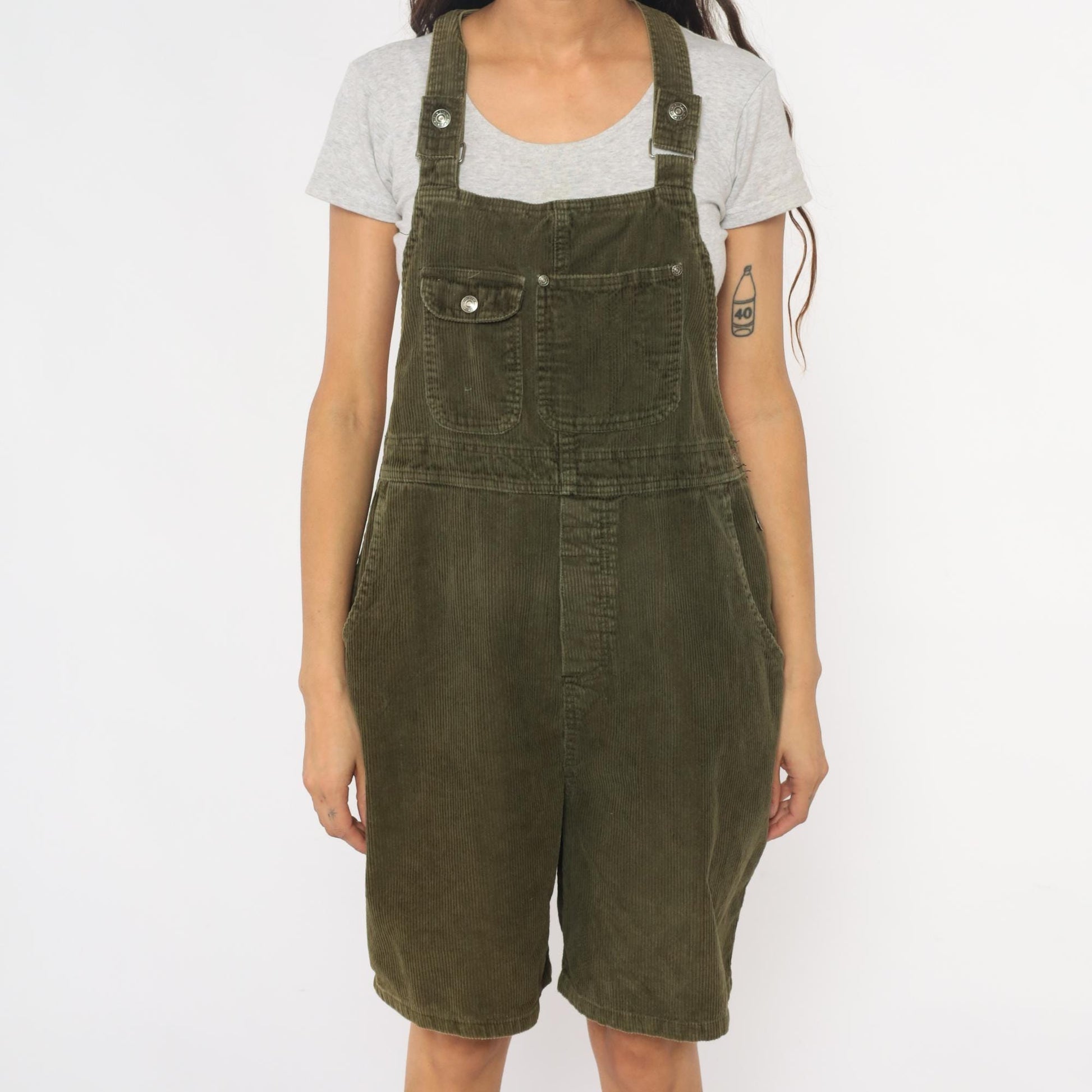 90s Olive Green Corduroy Overall Shorts Adjustable Straps Cross-Back Large L