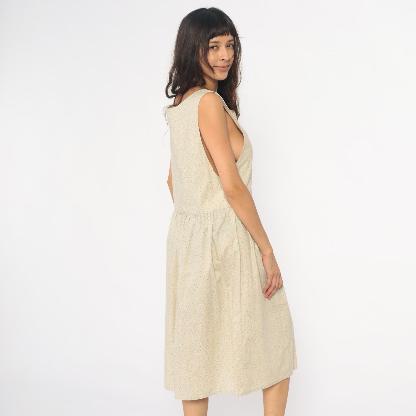 90s Cream Floral Appliqué Drop Waist Midi Dress Gathered Skirt Medium