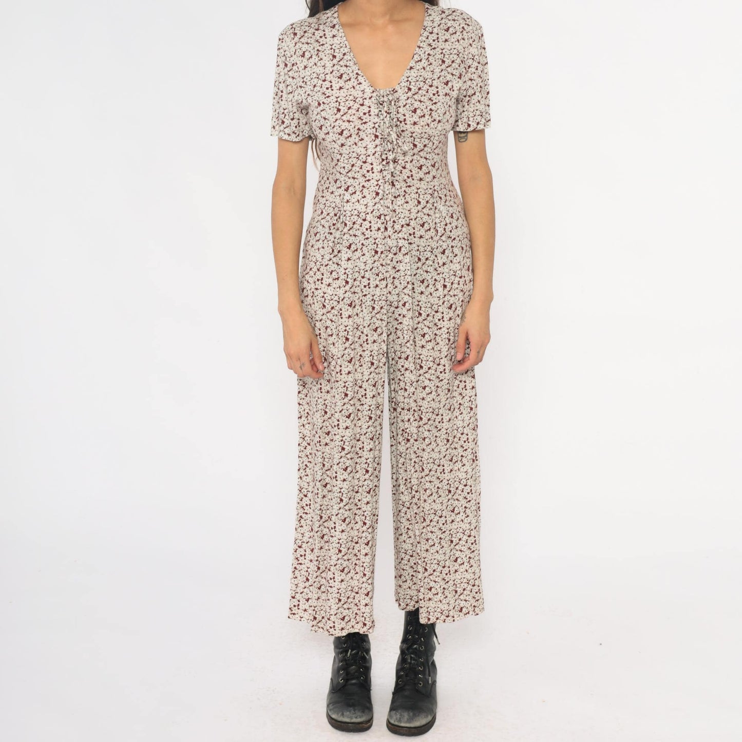90s All That Jazz Floral Jumpsuit Cream Wide Leg Short Sleeve Small