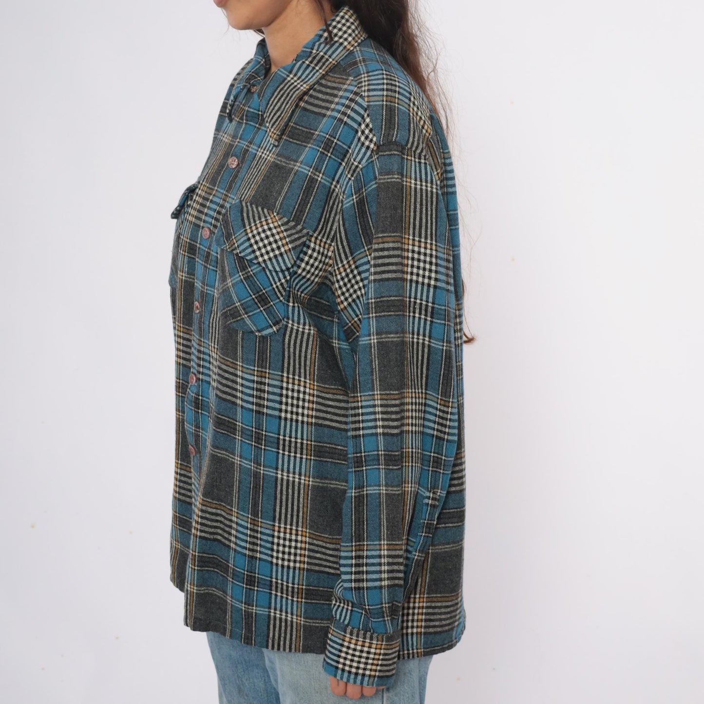 70s Towncraft Plaid Flannel Shirt Jacket Blue Grey Wool Large L