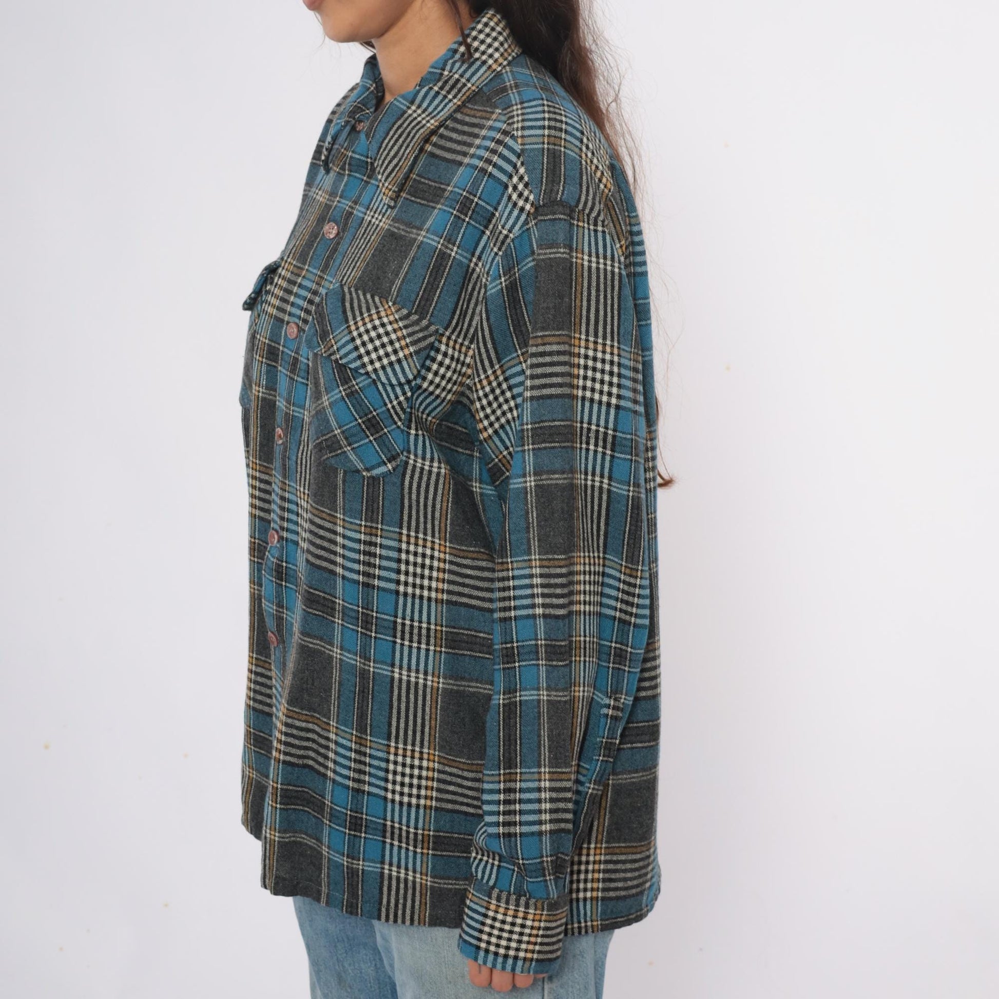 70s Towncraft Plaid Flannel Shirt Jacket Blue Grey Wool Large L