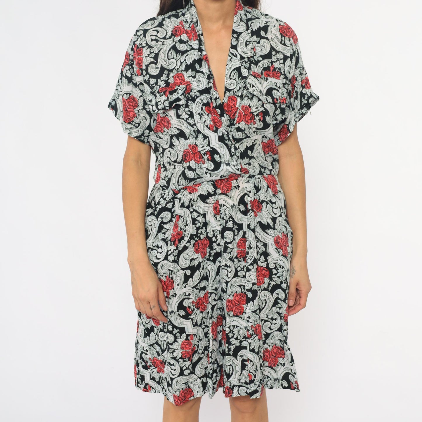 90s Floral Rayon Romper Black Red Rose Baroque Scrollwork Wide Leg Medium M