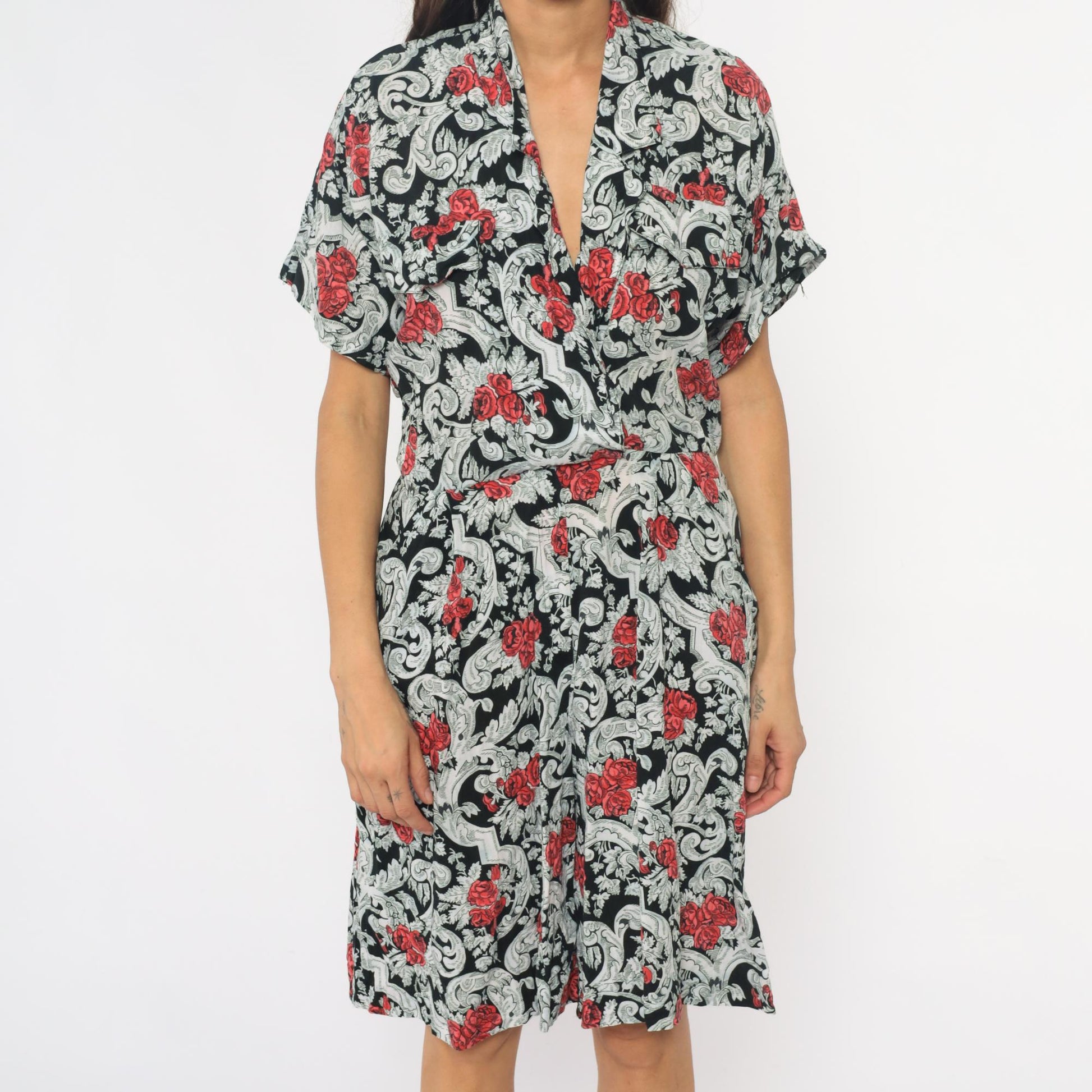 90s Floral Rayon Romper Black Red Rose Baroque Scrollwork Wide Leg Medium M