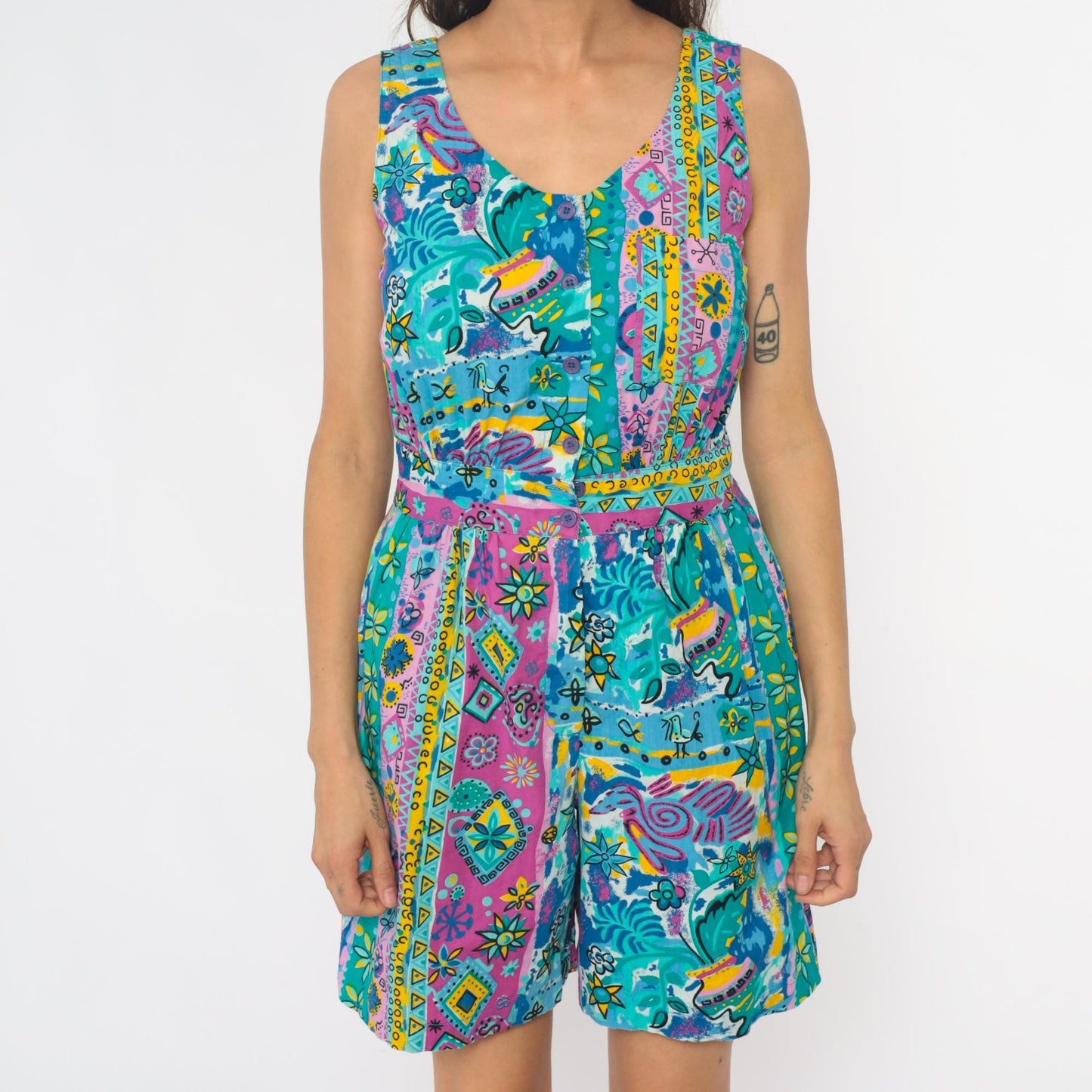 90s Access Romper Turquoise Pink Yellow Geometric Floral Peace Print Medium