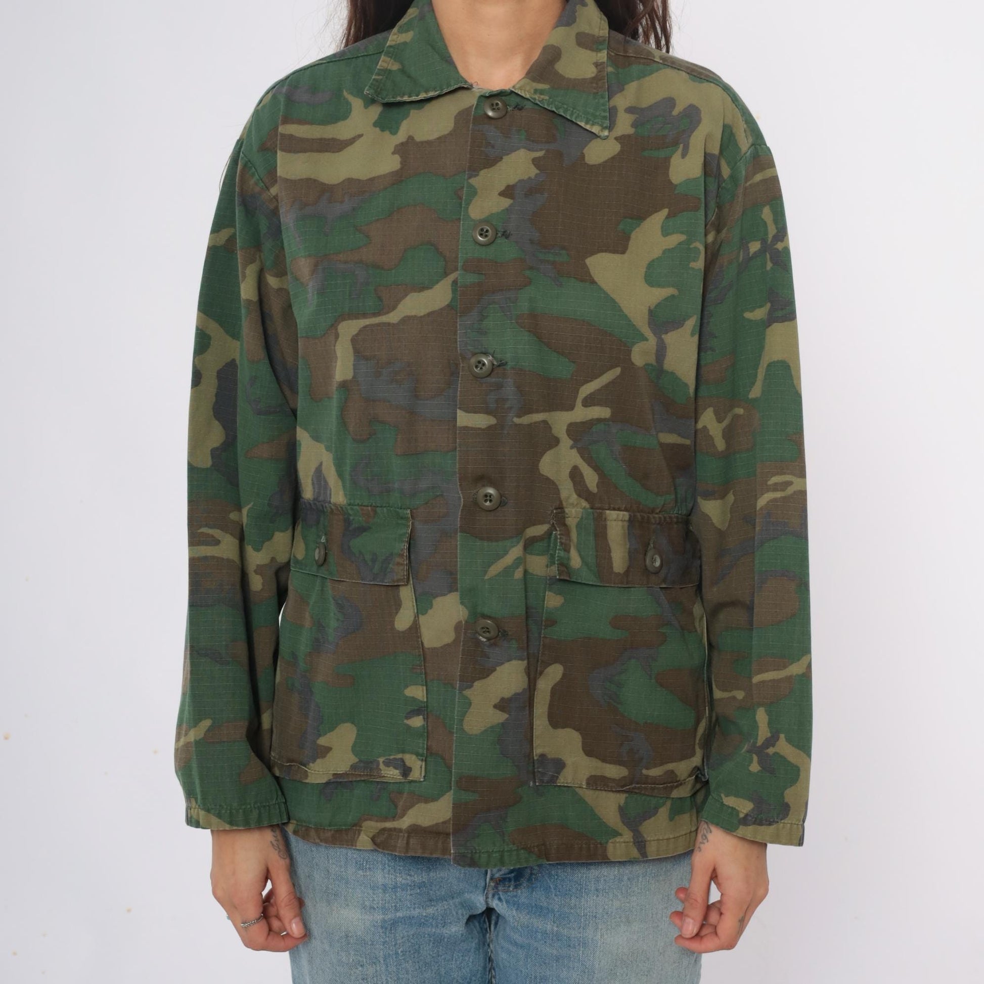 90s Woodland Camo Jacket Military Field Green Brown Utility Medium