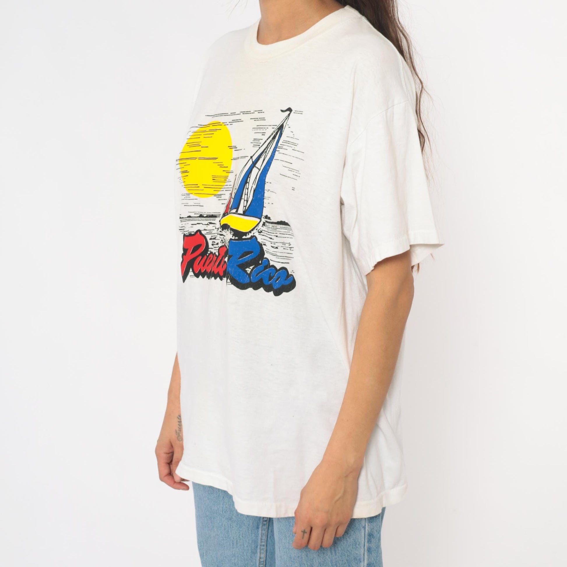 90s Puerto Rico Sailboat Graphic T-Shirt White Cotton Crew Neck Large