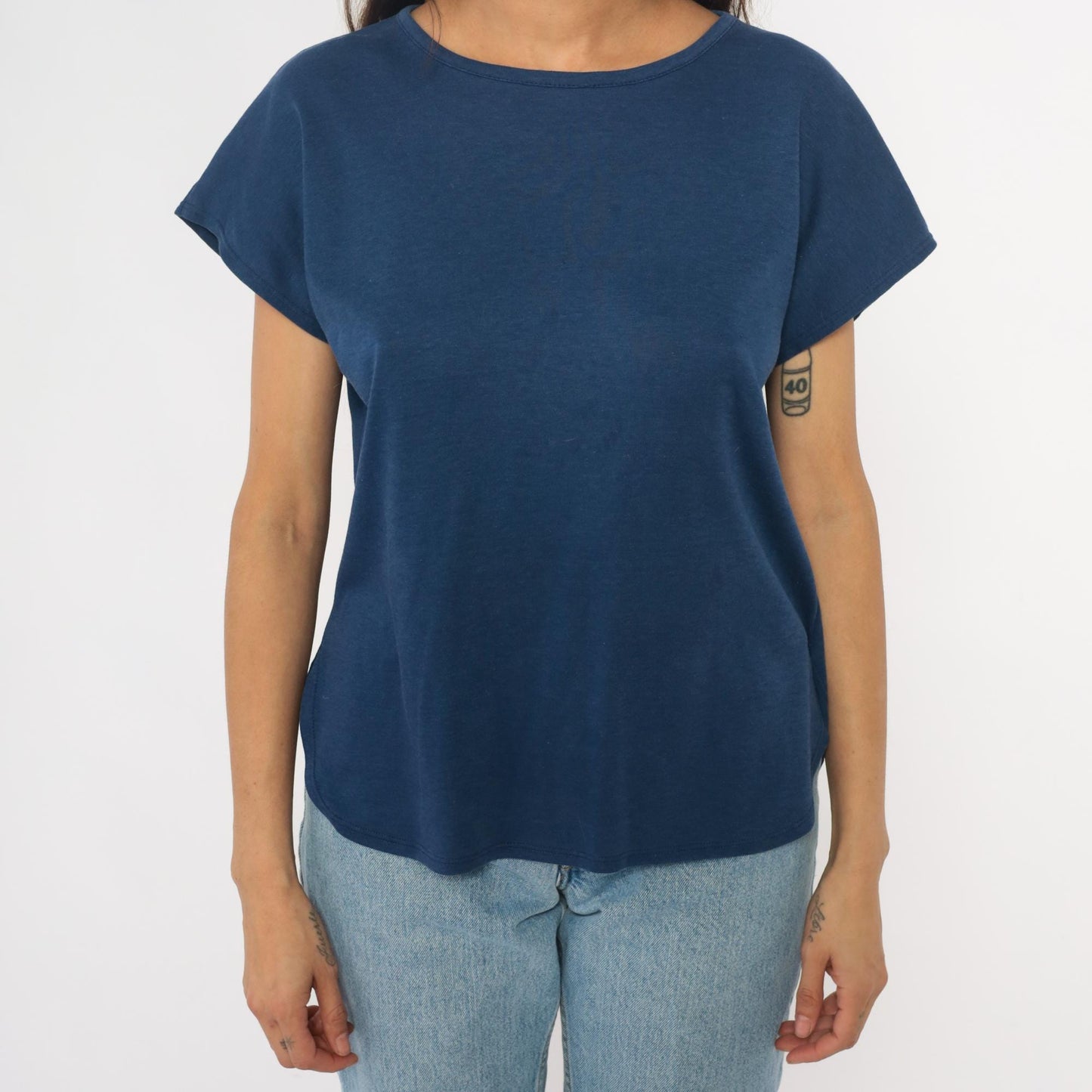 80s Navy Boat Neck T-Shirt Cotton Blend Short Sleeve Medium M