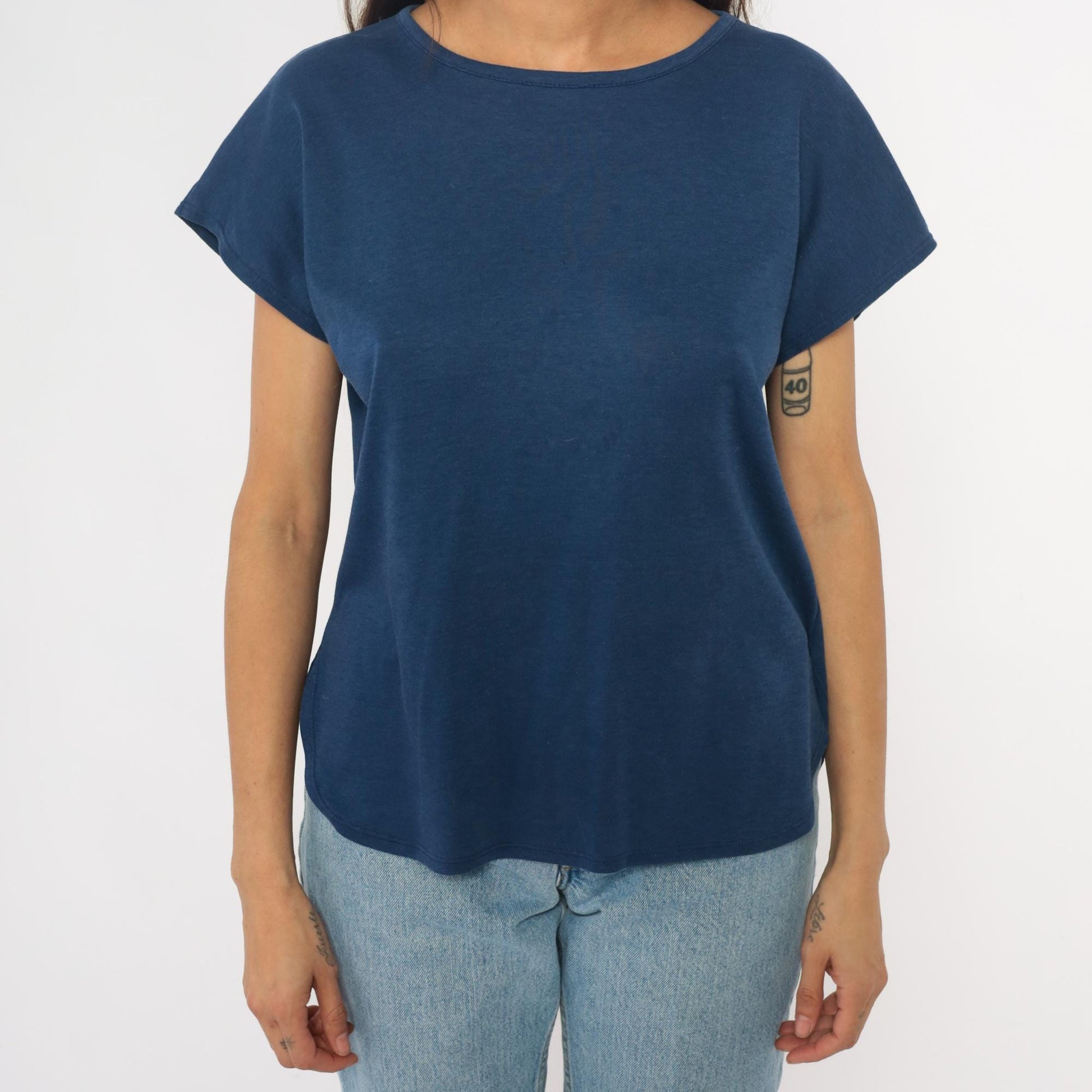 80s Navy Boat Neck T-Shirt Cotton Blend Short Sleeve Medium M