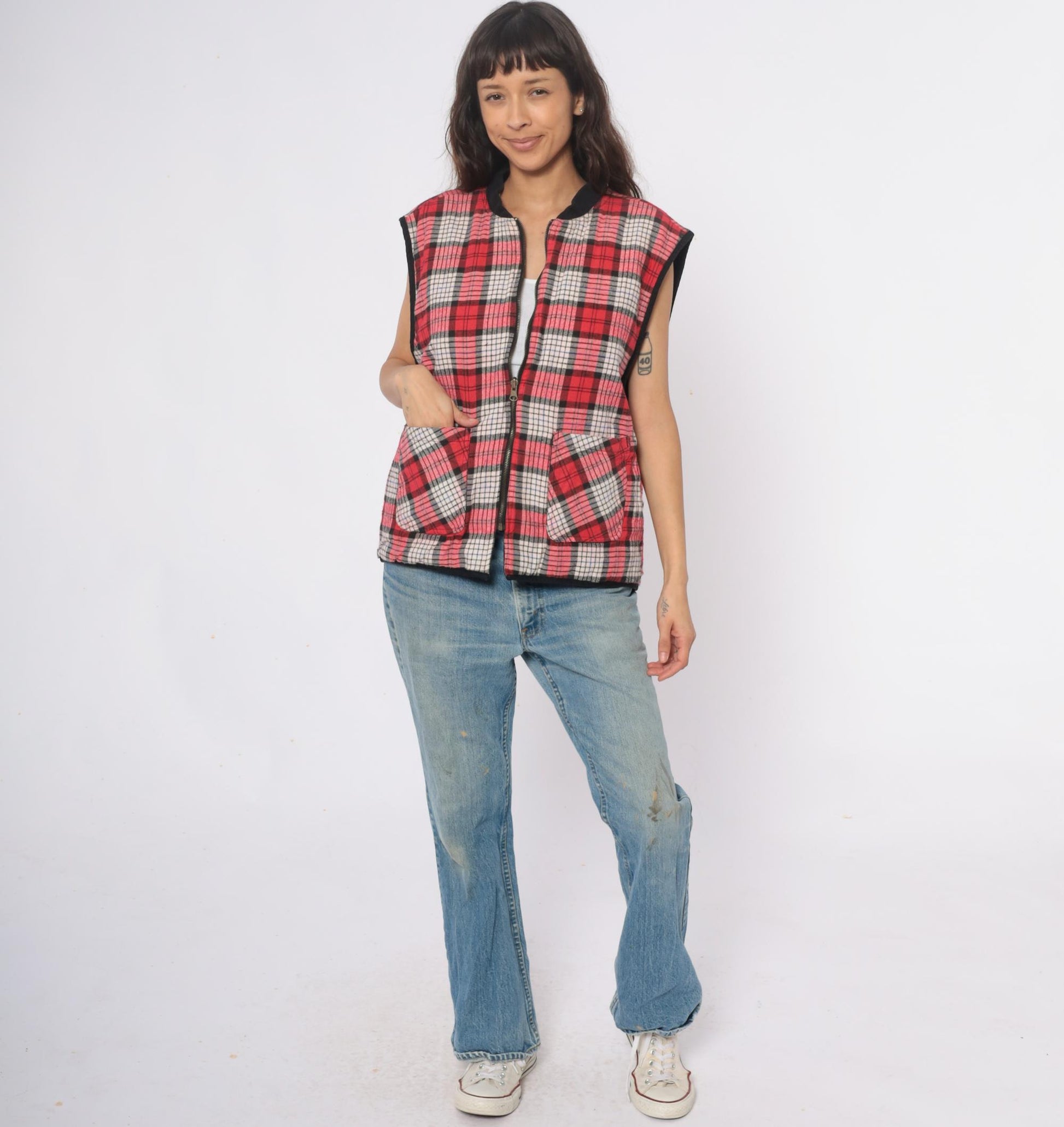 90s Marlboro Country Store Reversible Vest Black Plaid Cotton Large L