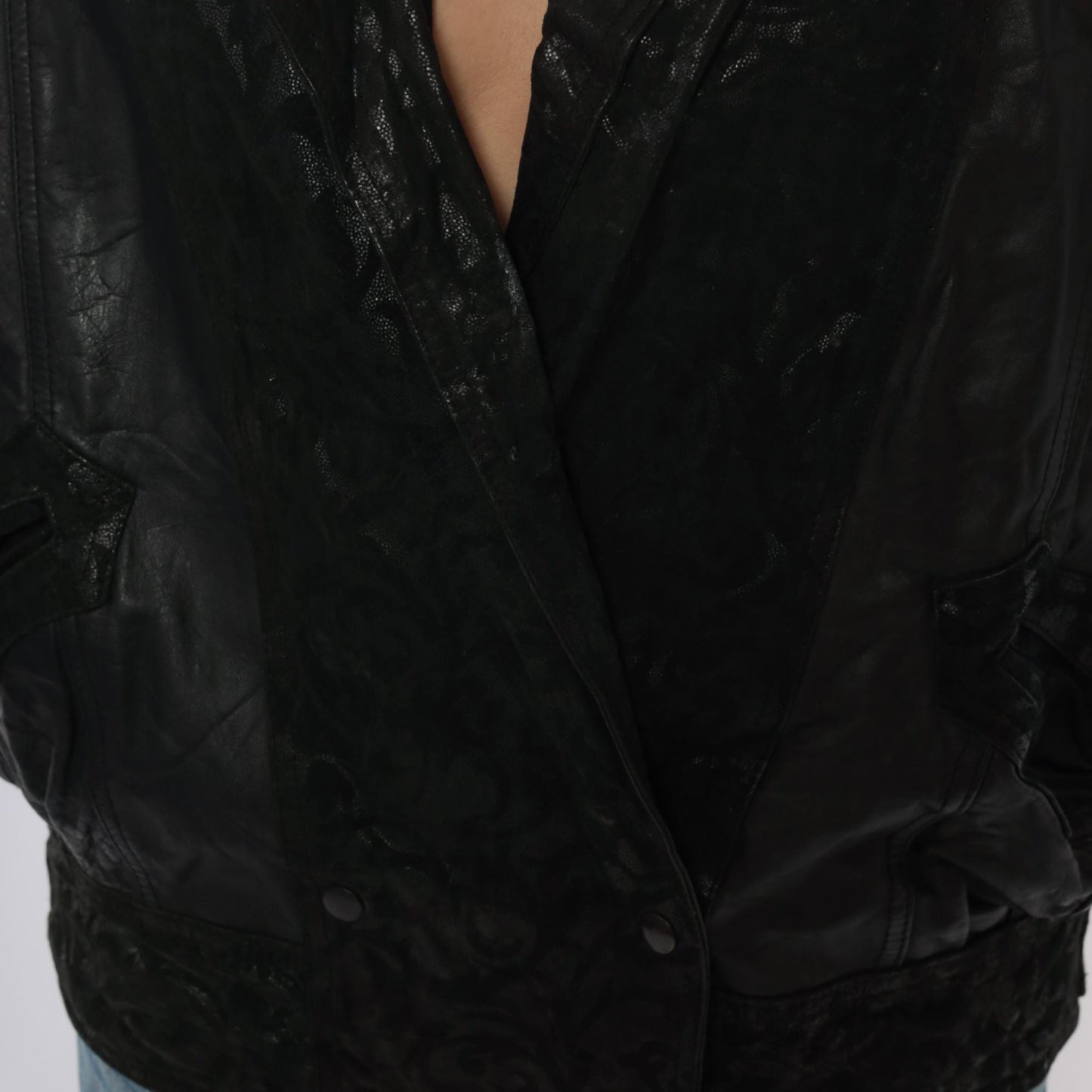 90s Black Leather Bomber Jacket Embossed Shawl Collar Medium M