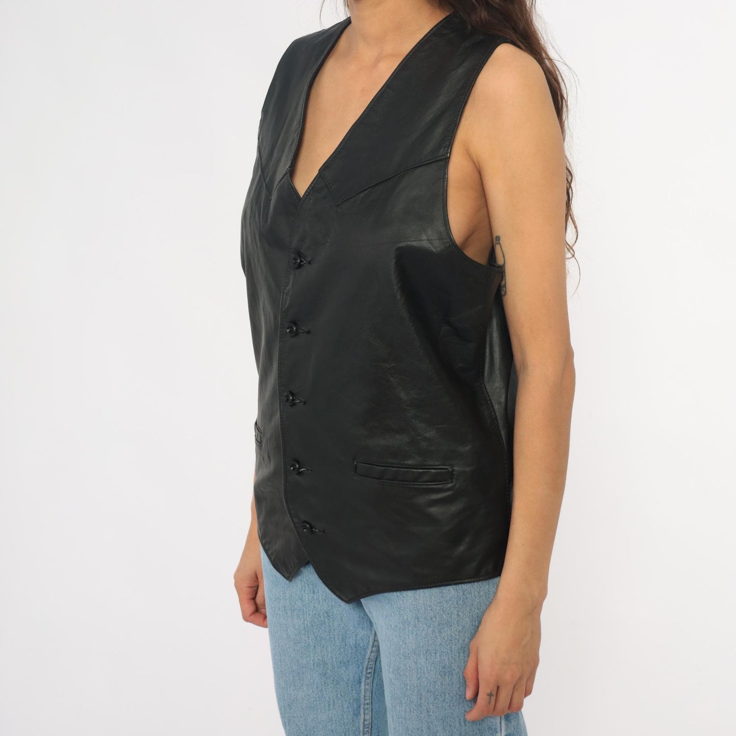 90s Black Leather Vest Notched Collar Button Front Menswear Extra Large XL