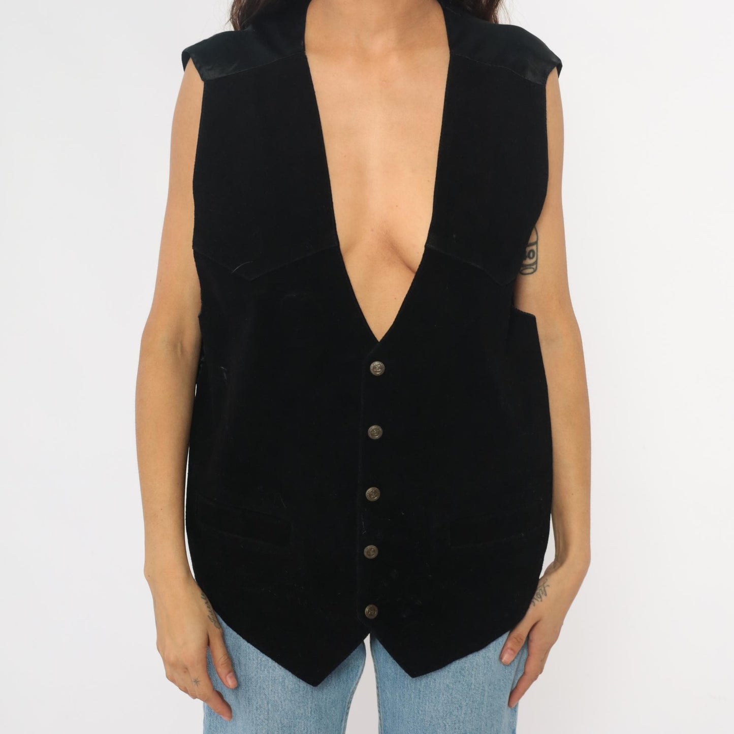 90s Black Suede Leather Vest Tie Back V-Neck Waistcoat Men's Extra Large XL