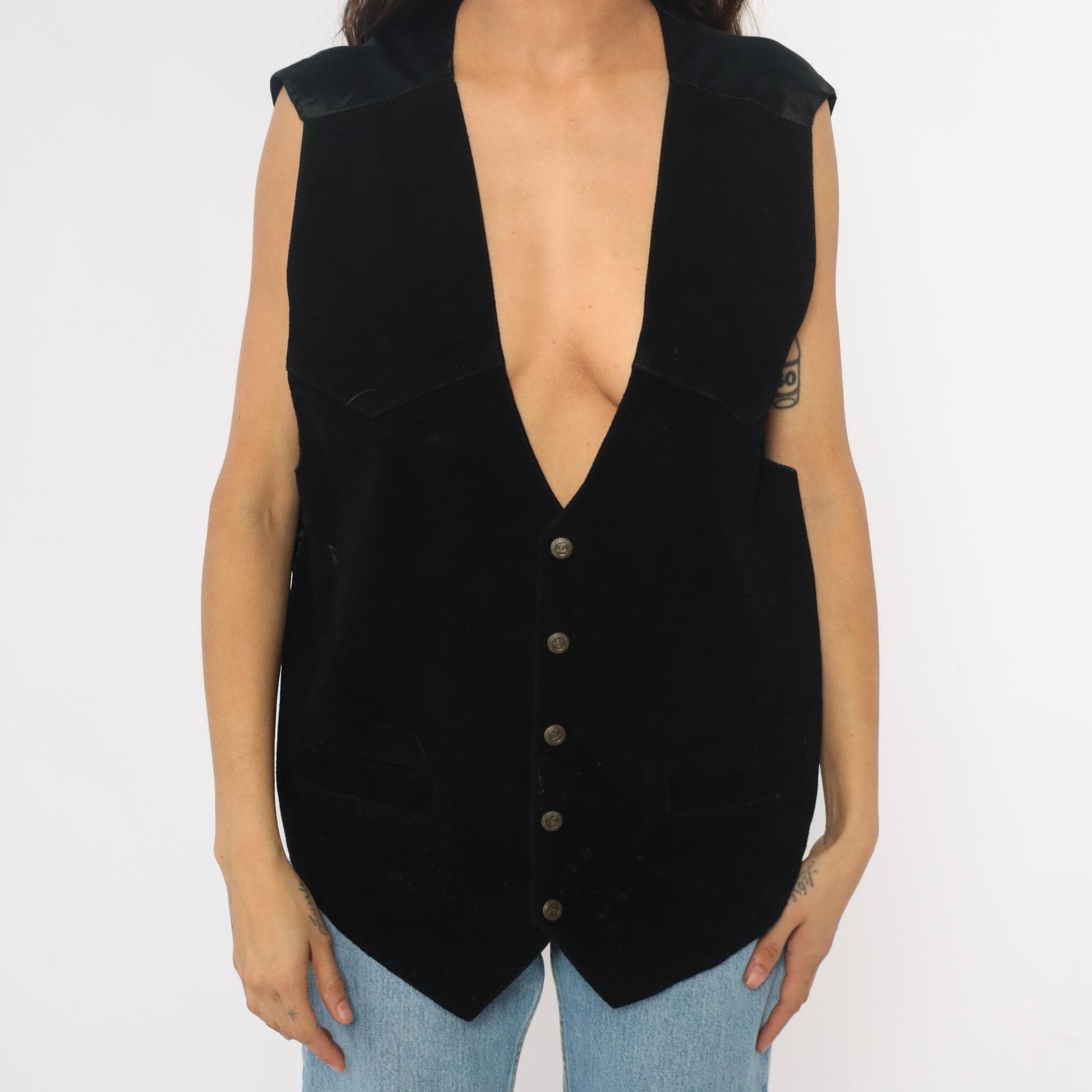 90s Black Suede Leather Vest Tie Back V-Neck Waistcoat Men's Extra Large XL