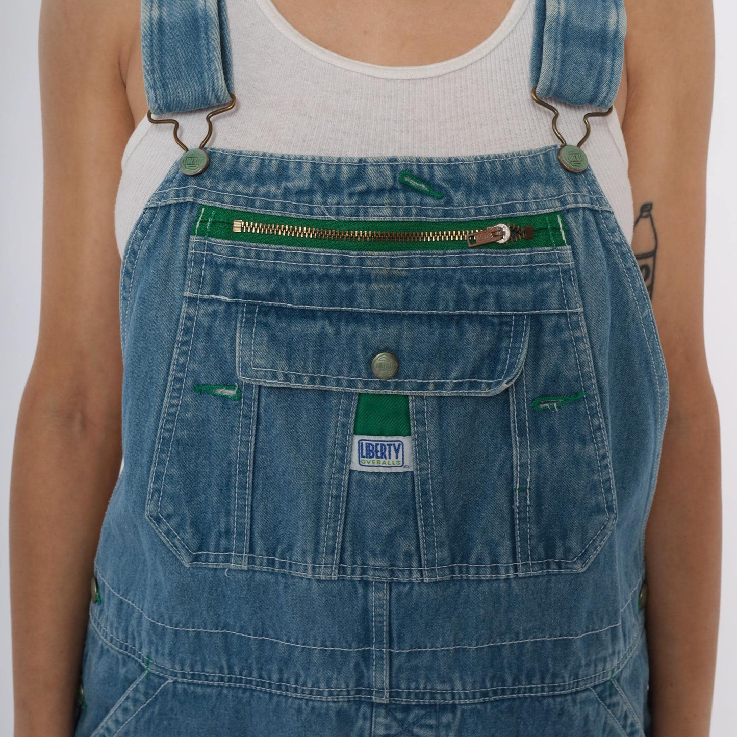 Y2K Liberty Light Blue Denim Overalls Green Stitching Carpenter Large L