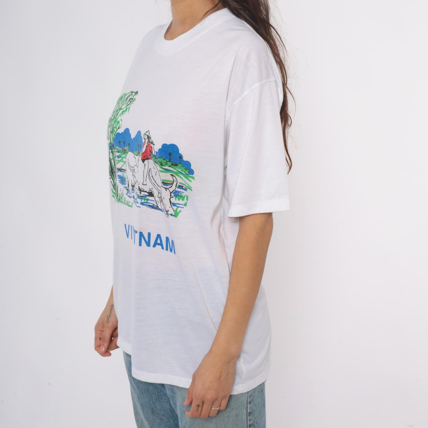 Y2K Vietnam Souvenir Graphic Tee Water Buffalo Rice Paddy White Cotton Extra Large