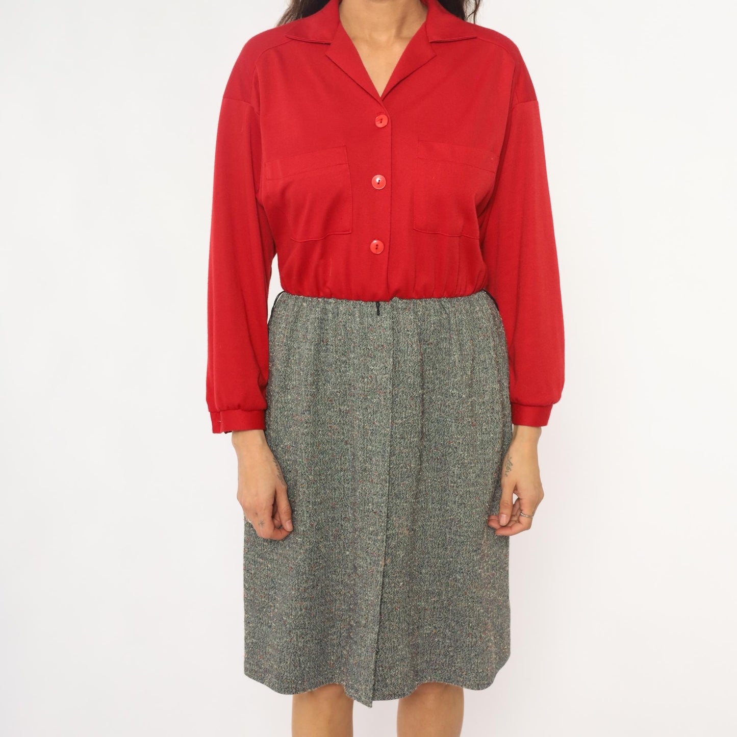 70s Lady Carol Petites Red Tweed Shirtdress Knee Length Small Medium