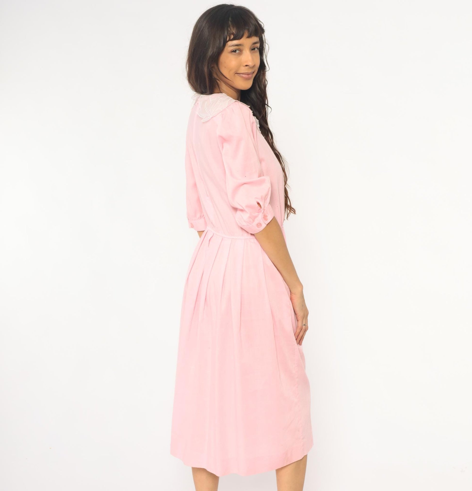 90s Blush Pink Midi Dress Embroidered Floral Collar Puff Sleeve Medium