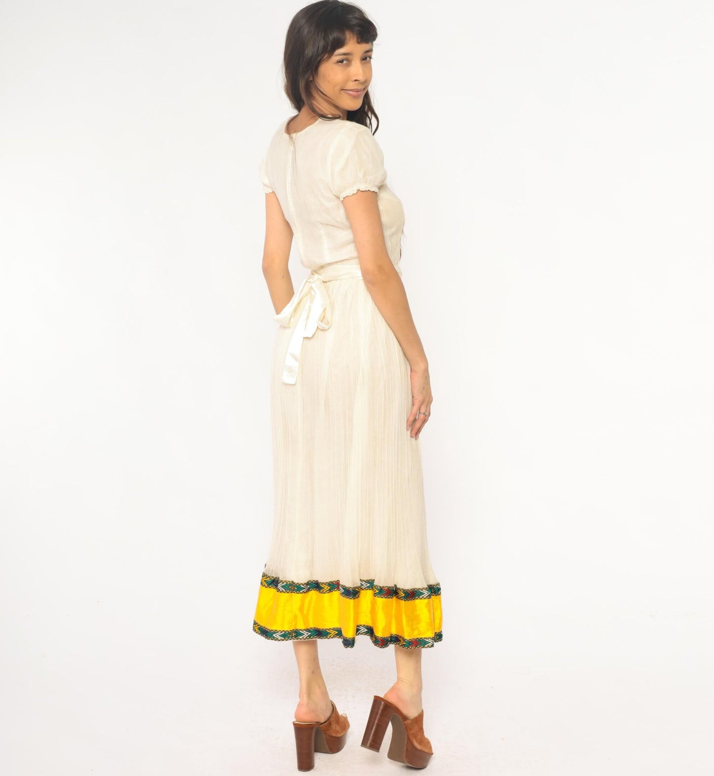 70s Cream Maxi Dress Puff Sleeve Pleated Skirt Embroidered Trim Extra Small