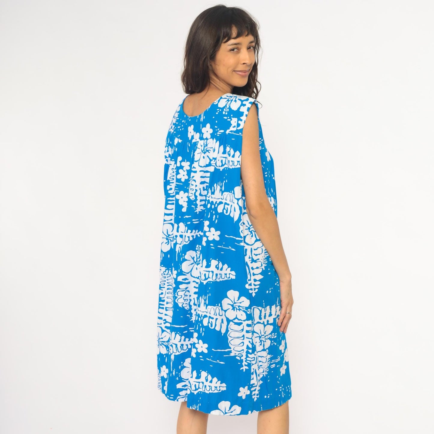 90s Hawaiian Tropical Floral Empire Waist Dress Blue Cotton Knee Length Medium