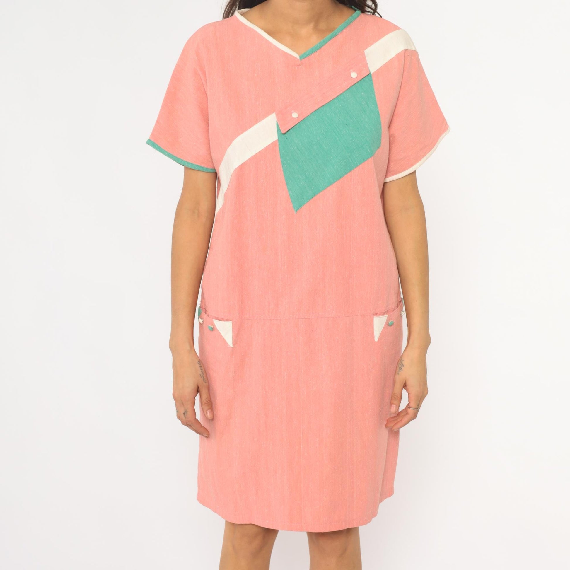90s Colorblock Shift Dress Coral Pink Teal Geometric Pockets Knee Length Large L