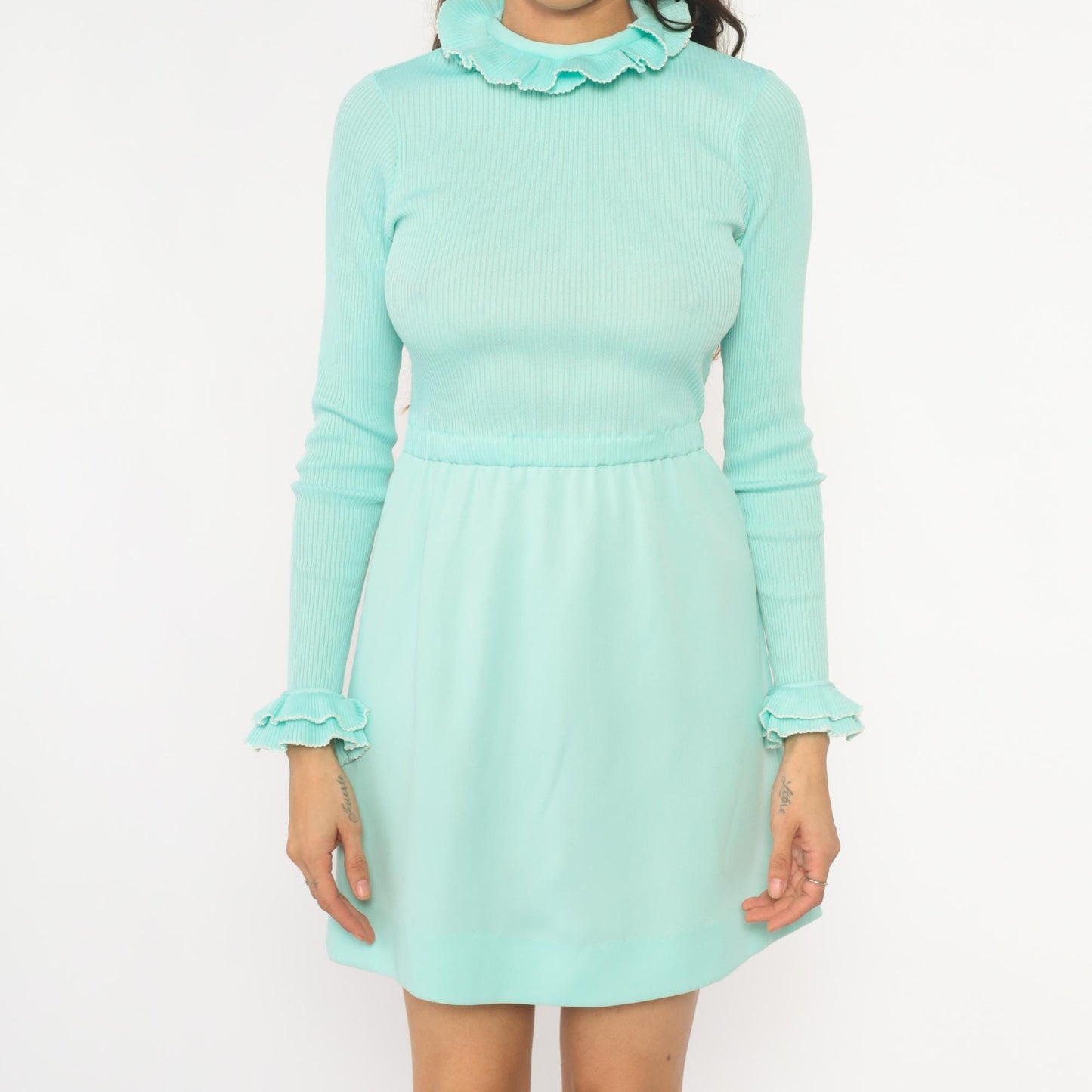 70s Mint Mini Dress Ribbed Knit Bodice Ruffled Collar Long Sleeve Extra Small XS