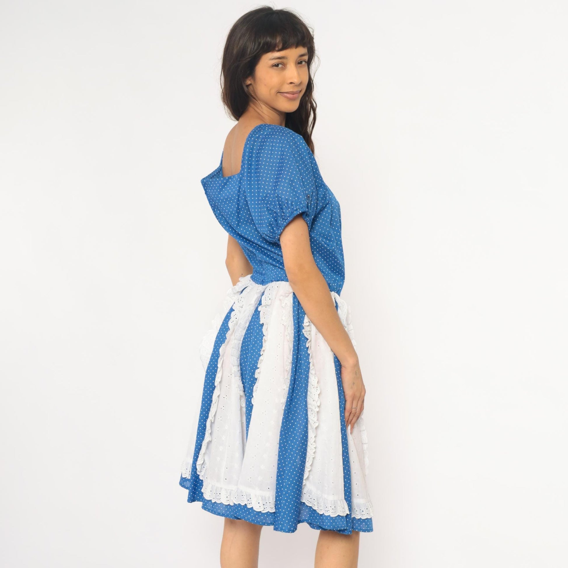 80s Blue Polka Dot Square Dance Dress Puff Sleeve Eyelet Lace Mini Large