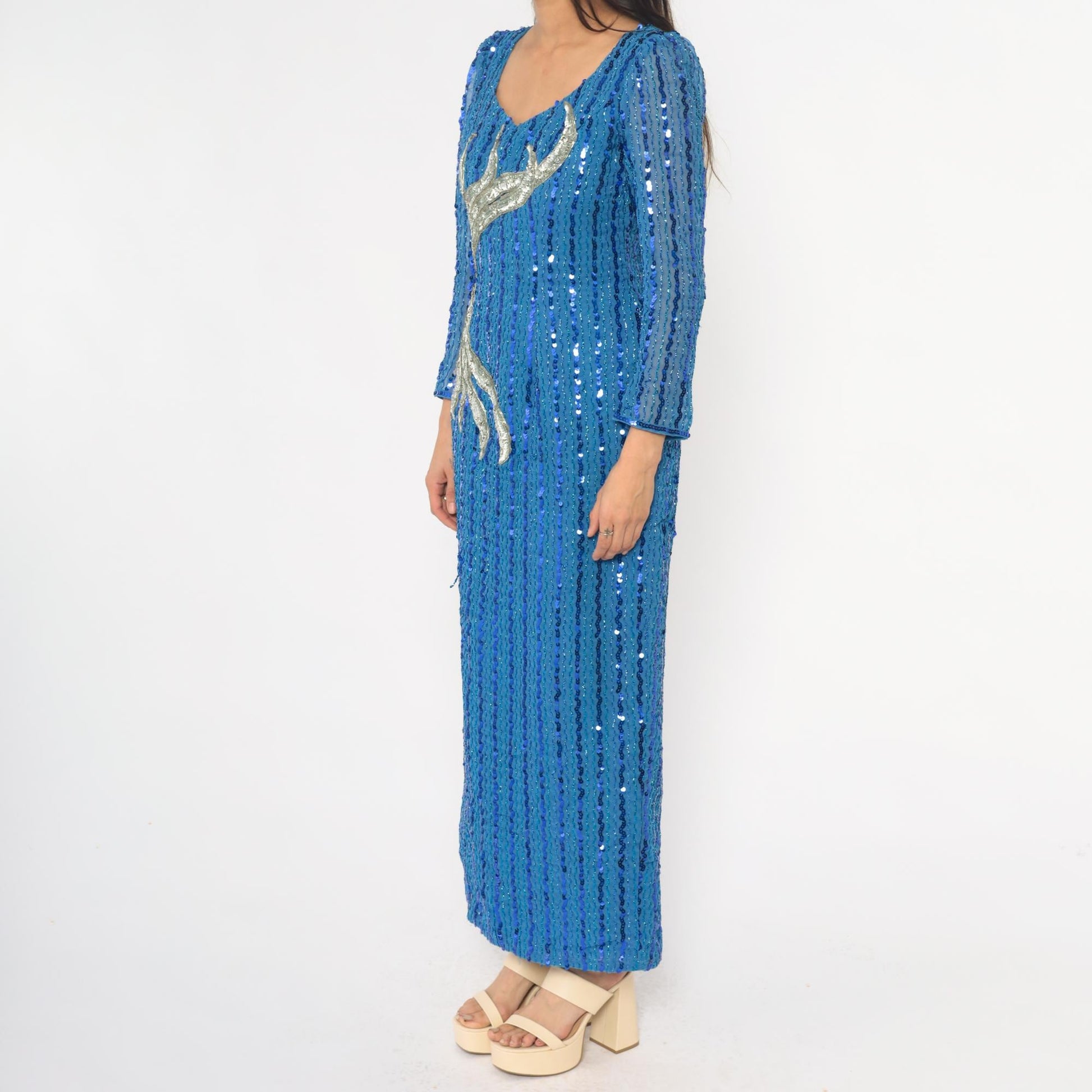 80s Blue Sequin Maxi Dress Long Sleeve V-Neck Silver Motif Small Medium