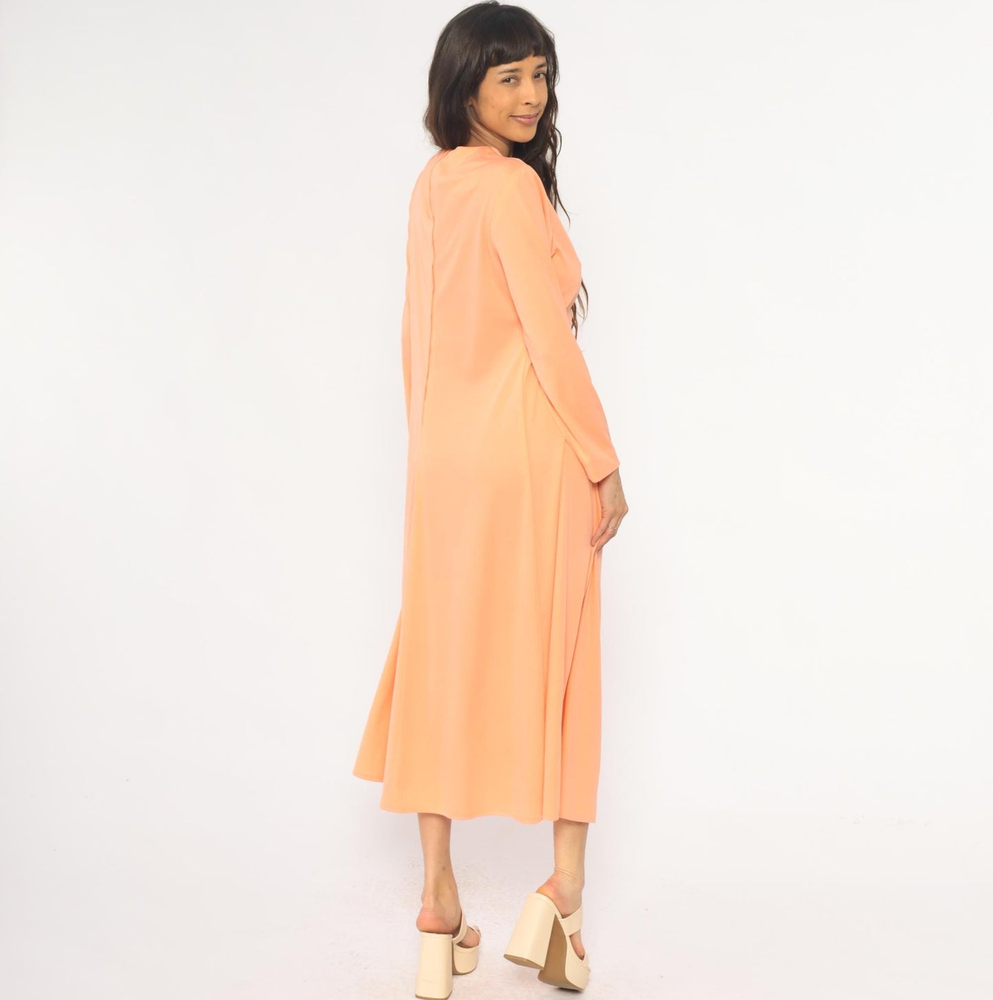 70s Lily Lynn Peach Maxi Dress Long Sleeve V-Neck Wrap Bodice Medium